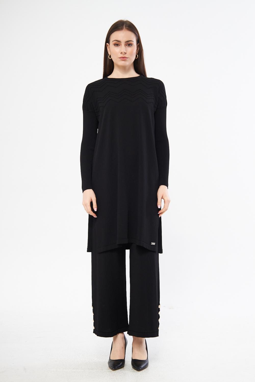 Triko Rayon Zikzak Tunik - Siyah
