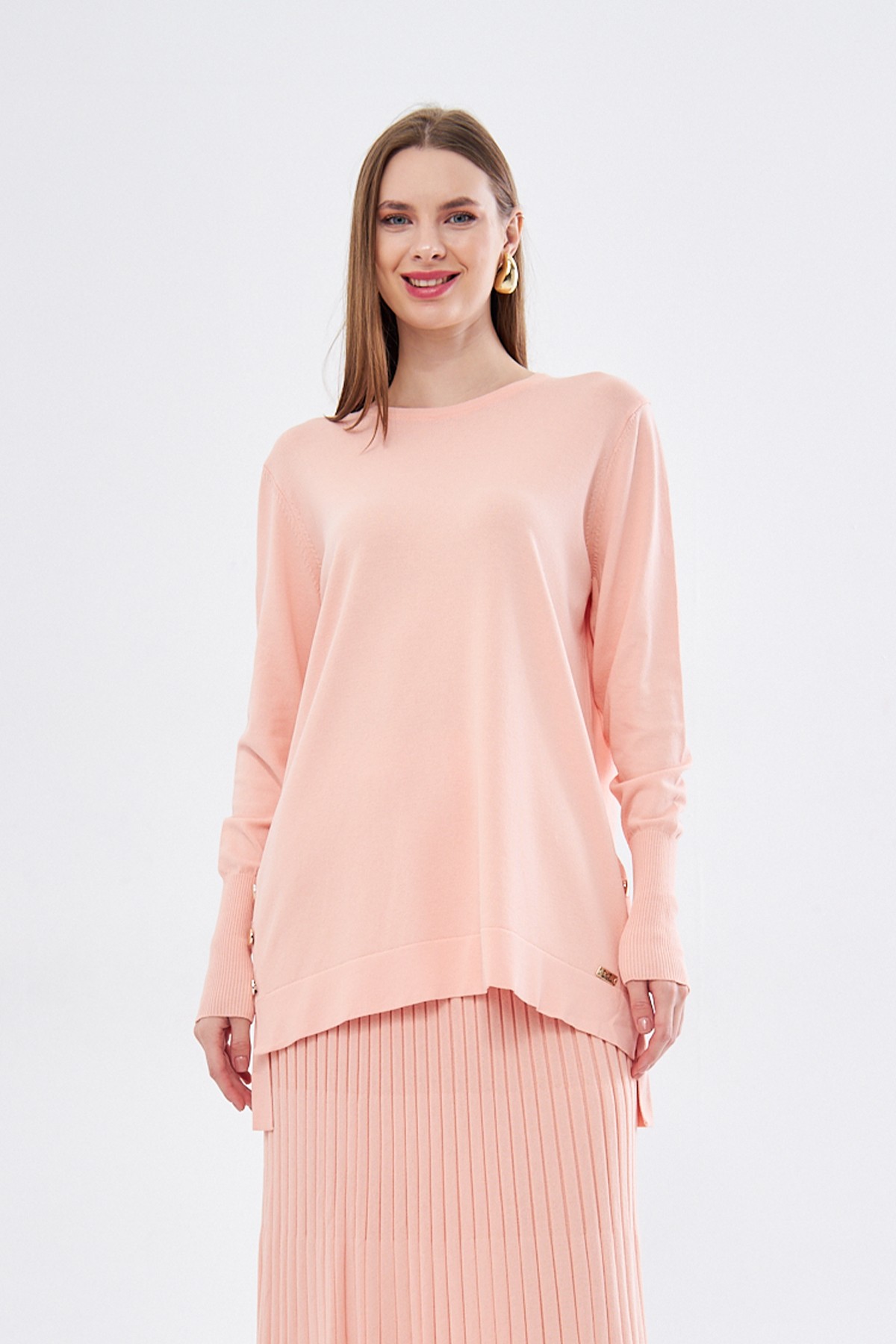 Triko Rayon Soğuk İplik Asmin Tunik - Pudra