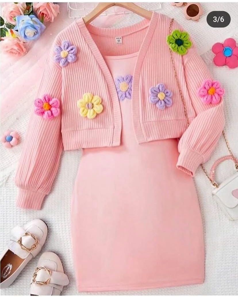 Kız Çocuk Kalın Askılı Elbise ve Hırka Kombin Motif Detaylı Lotus