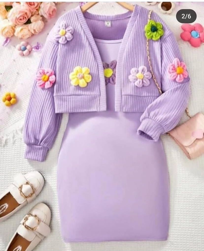 Kız Çocuk Kalın Askılı Hırka ve Elbise Motif Detaylı Lotus