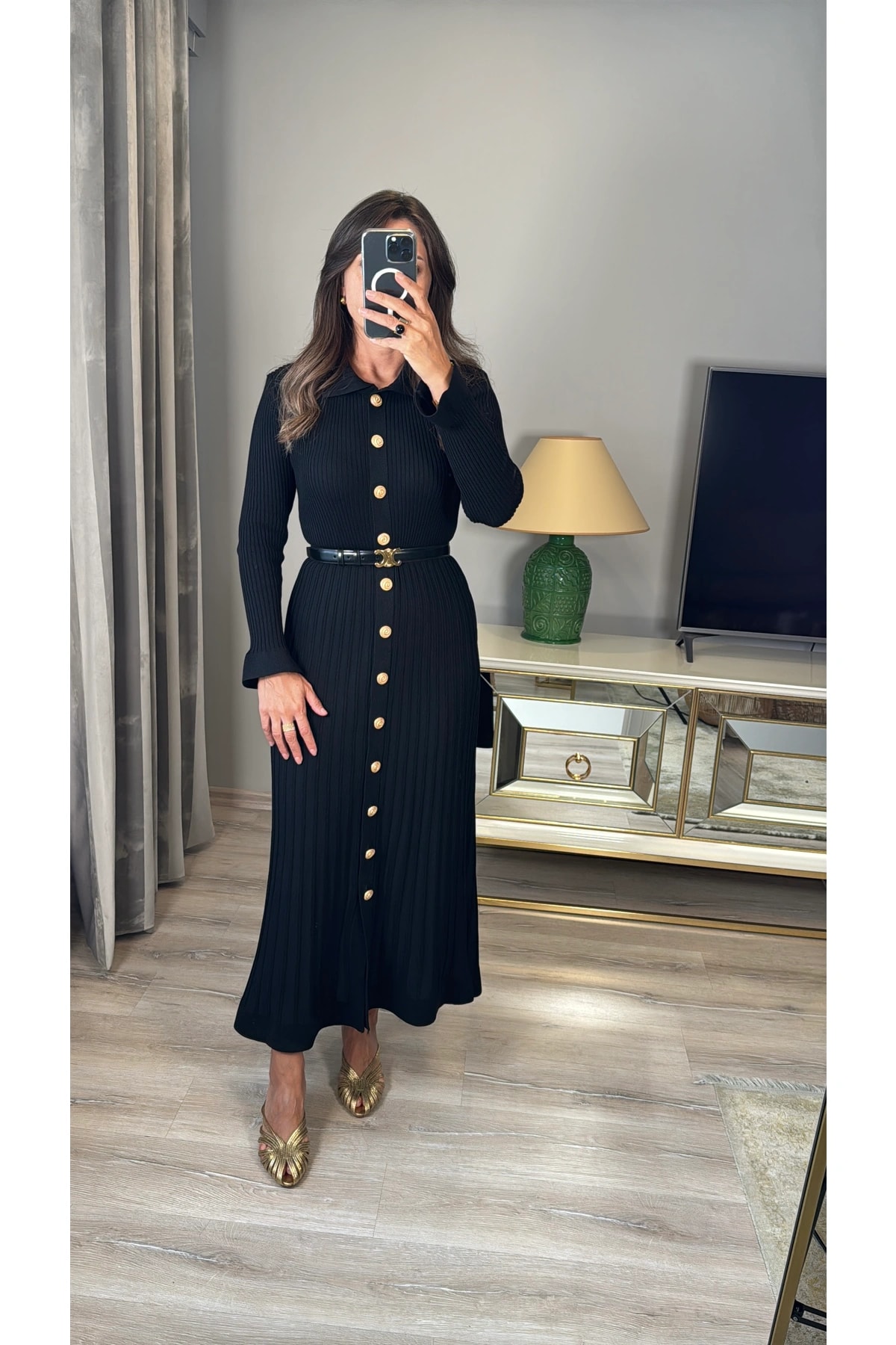 Metal Düğmeli Triko Elbise - Siyah