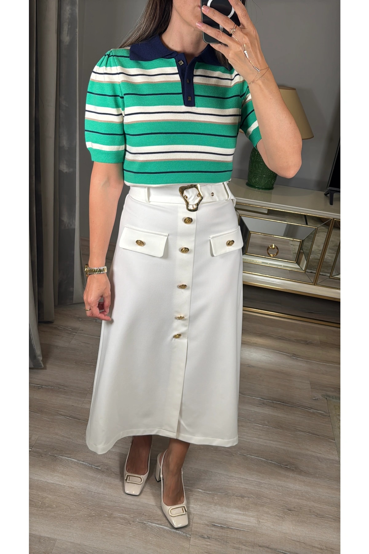 Polo Yaka Gold Düğmeli Çizgili Kazak