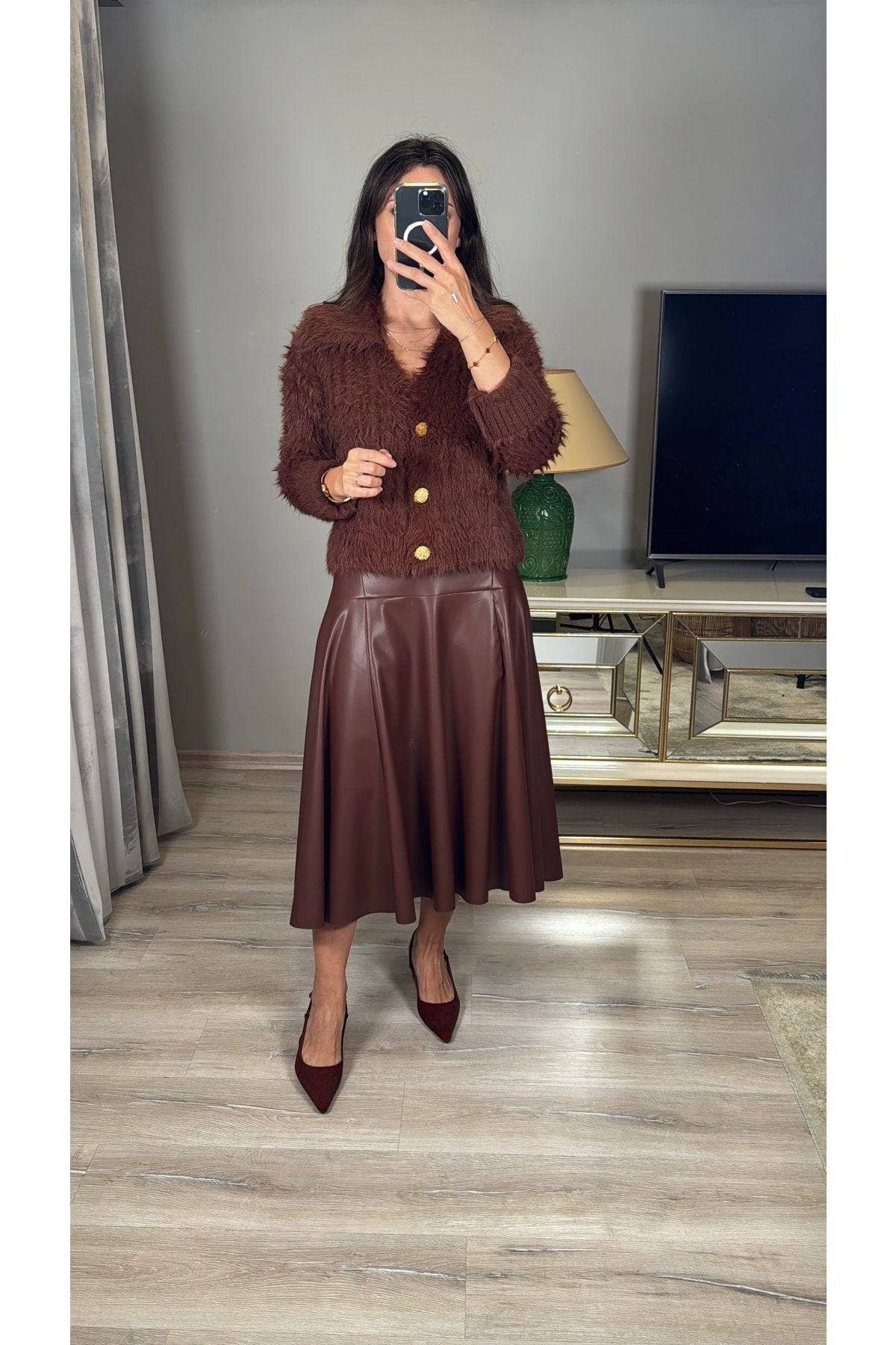 Parçalı Suni Deri Midi Etek - kahverengi