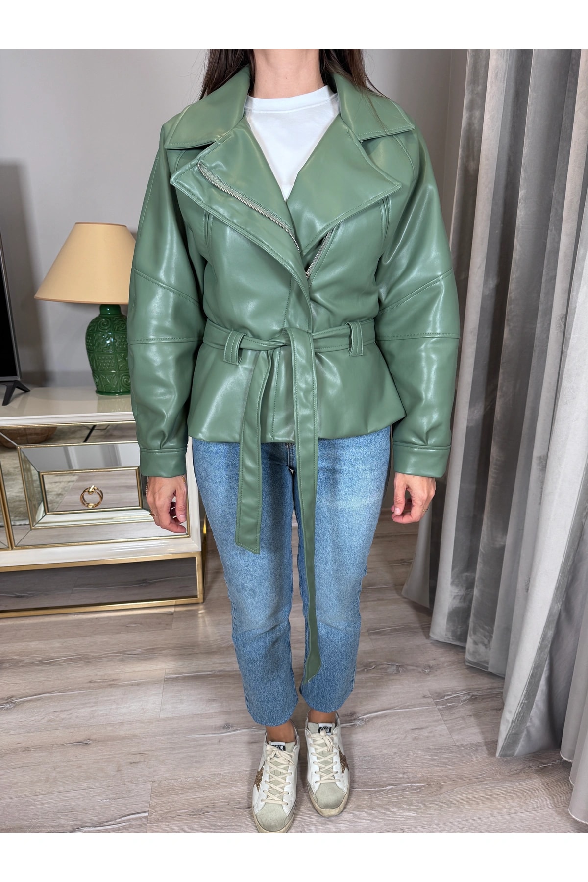 Kuşaklı Premium Suni Deri Ceket