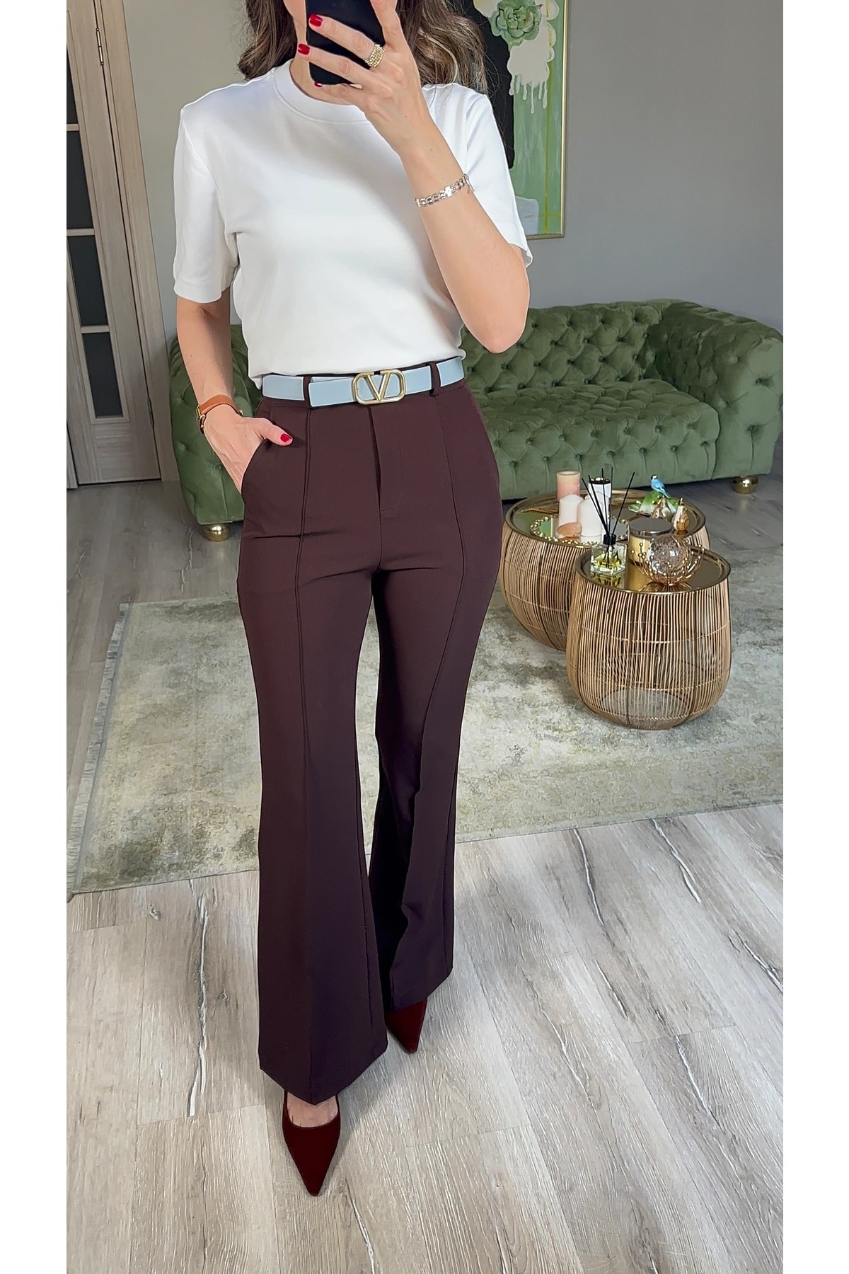 Önden Dikişli İspanyol Paça Kumaş Pantolon - kahverengi