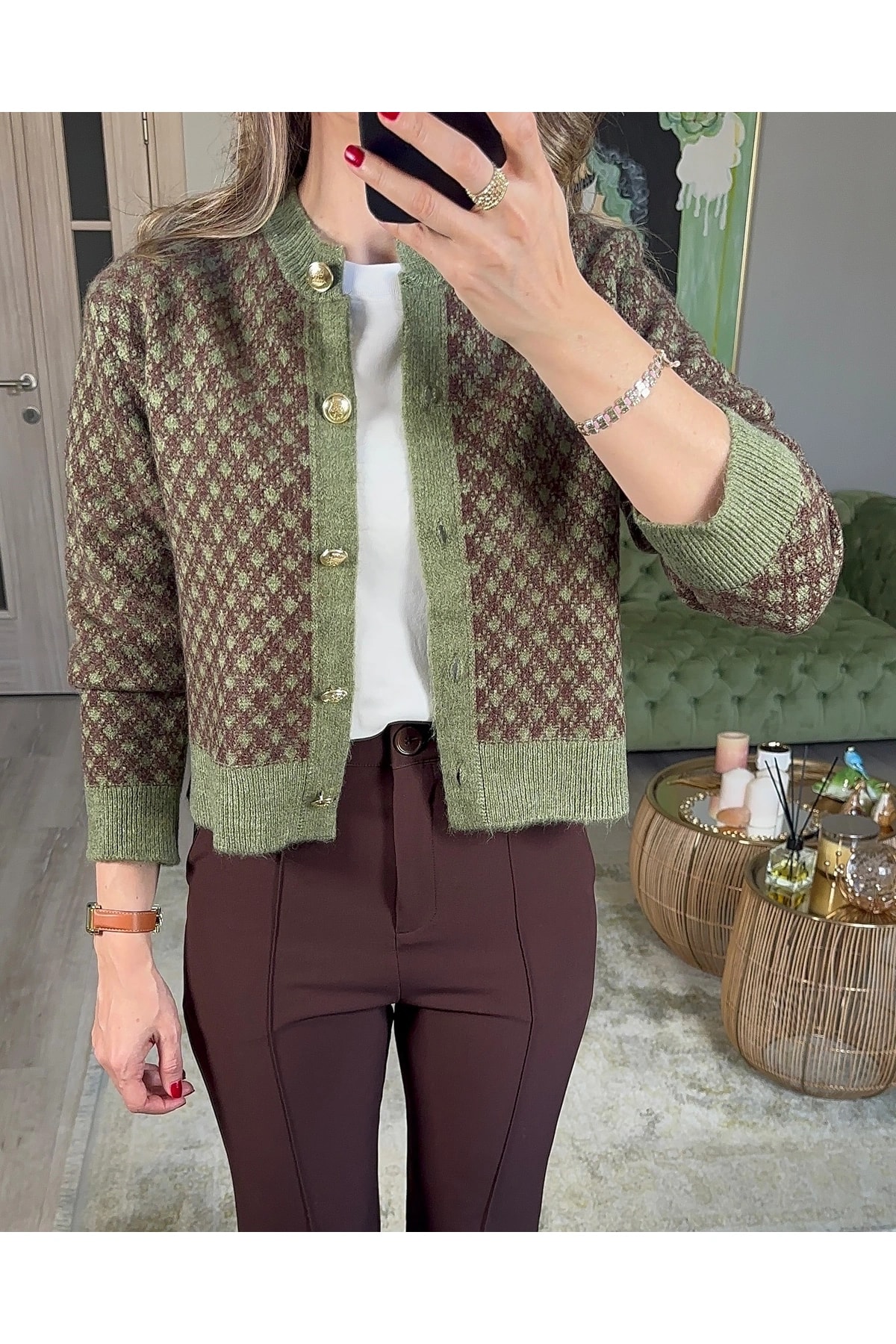 Yeşil Kahve Gold Düğmeli Hırka
