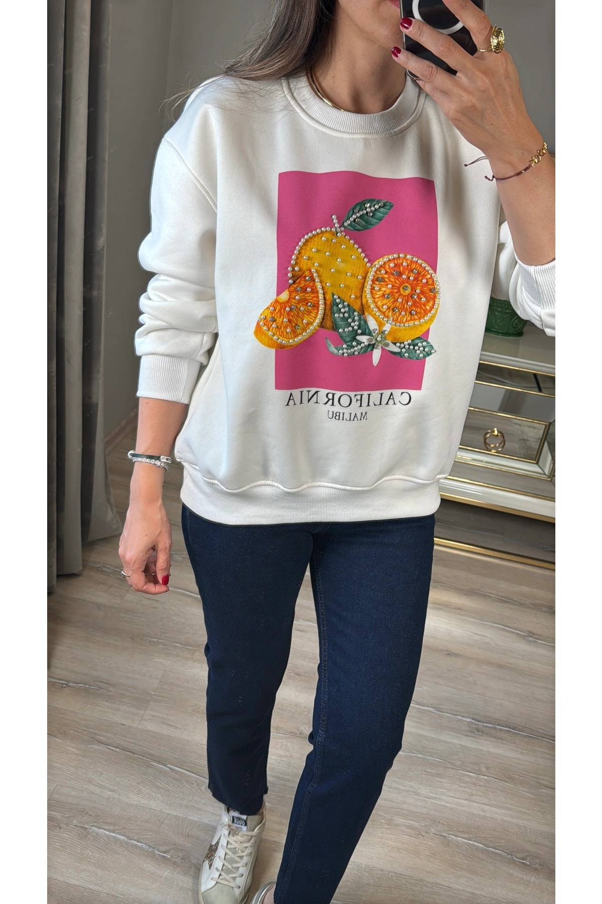 İnci ve Taş Detaylı Sweatshirt - Beyaz