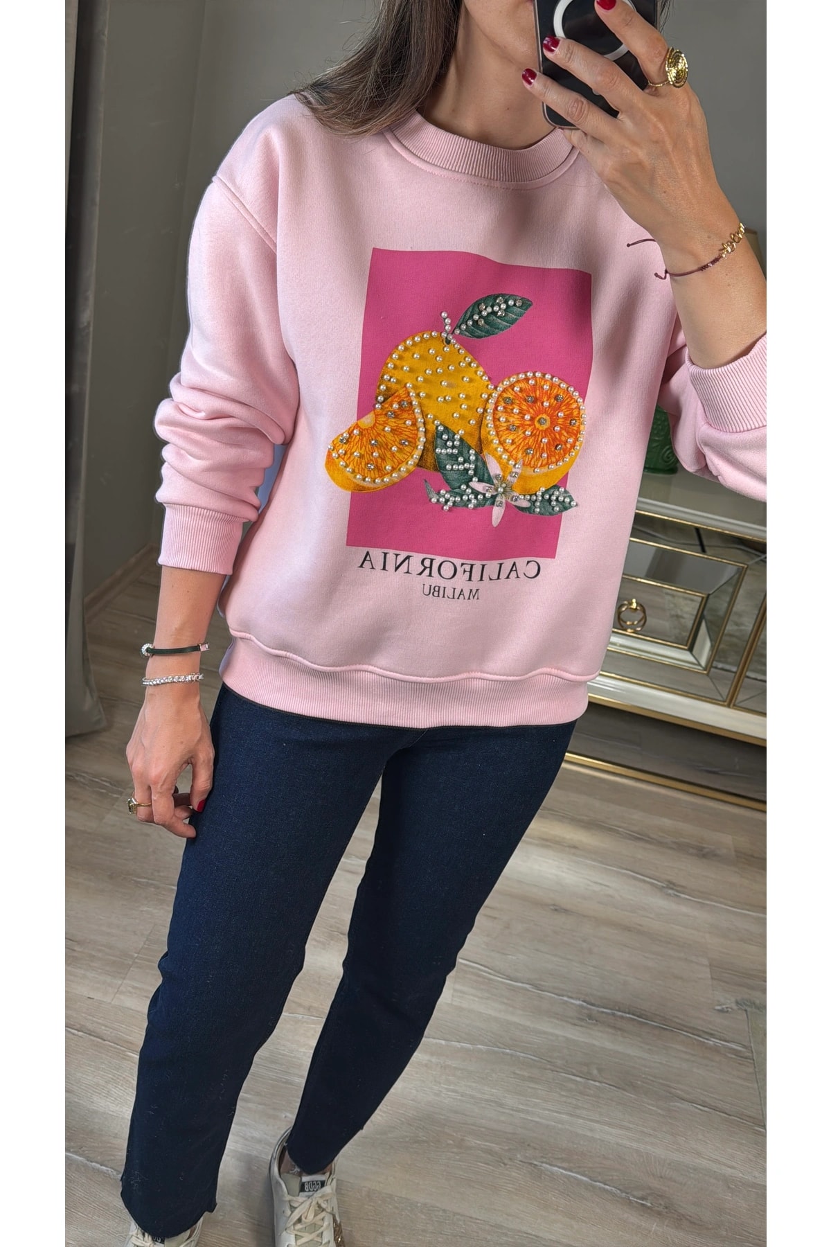 İnci ve Taş Detaylı Sweatshirt - Pembe