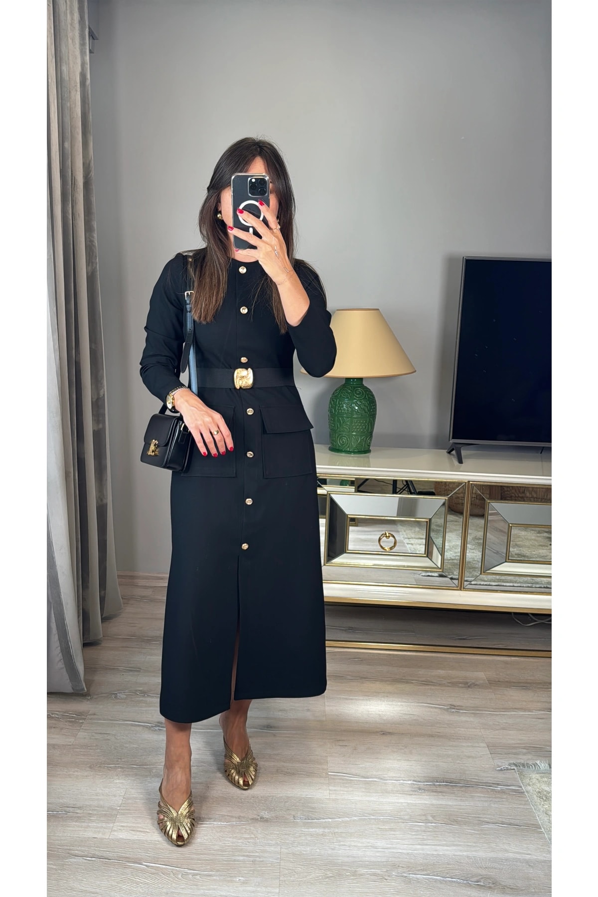 Gold Toka Kemerli Uzun Kollu Elbise