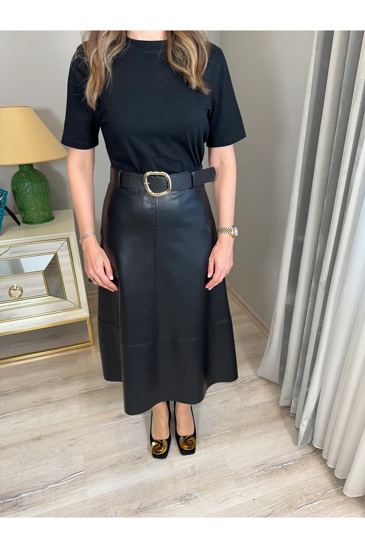 Kemerli Suni Deri Midi Etek
