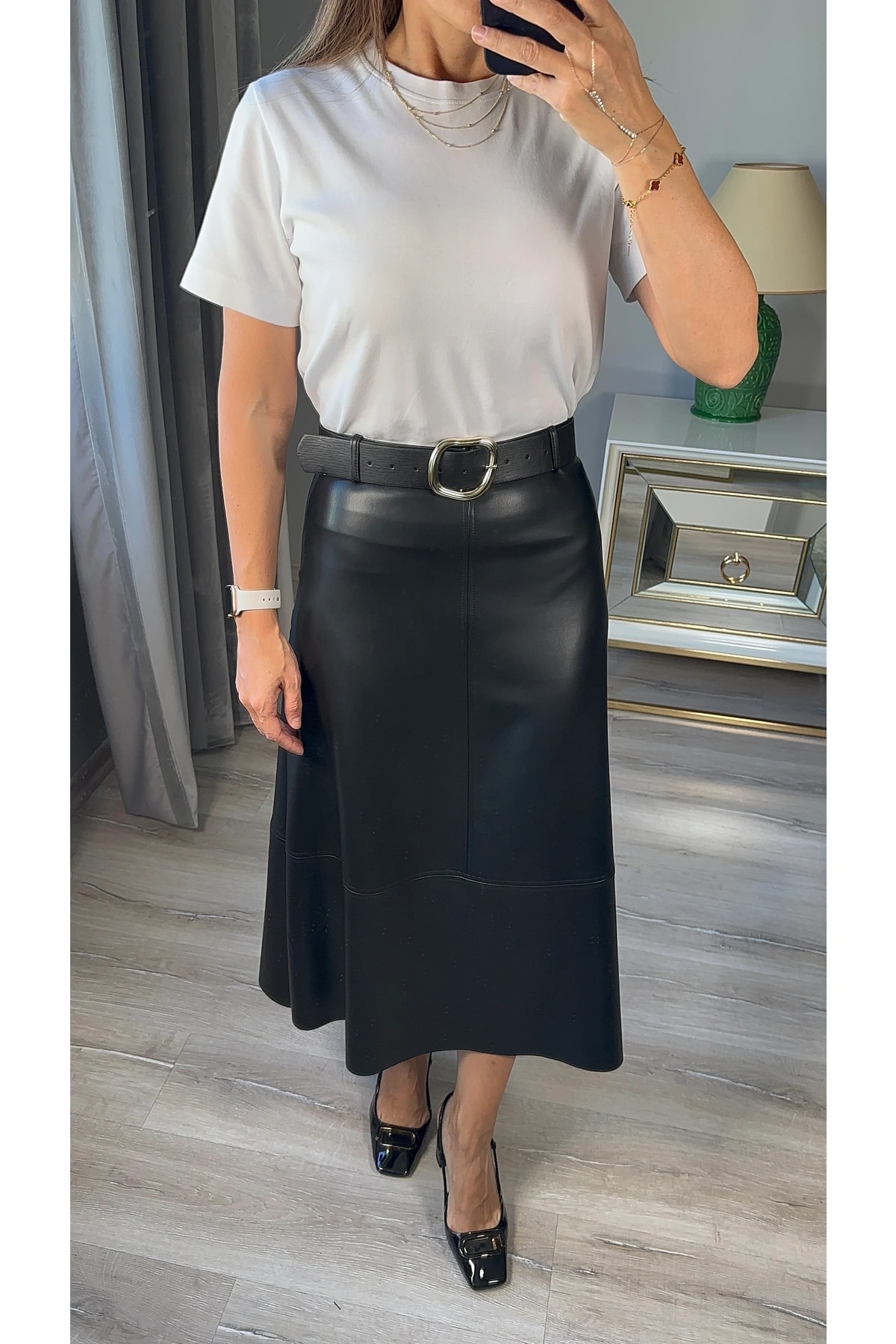 Kemerli Suni Deri Midi Etek