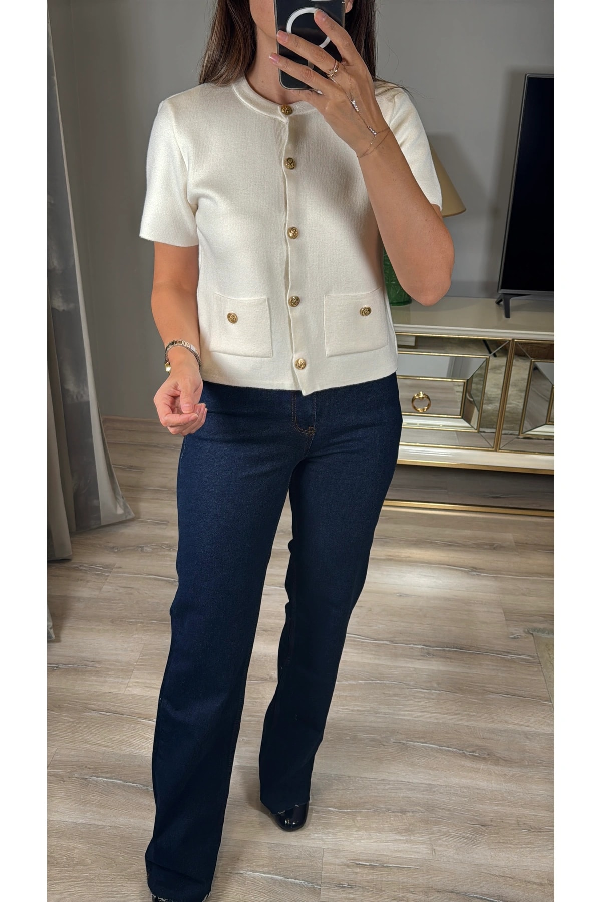 Gold Düğmeli Kısa Kollu Triko Hırka - krem