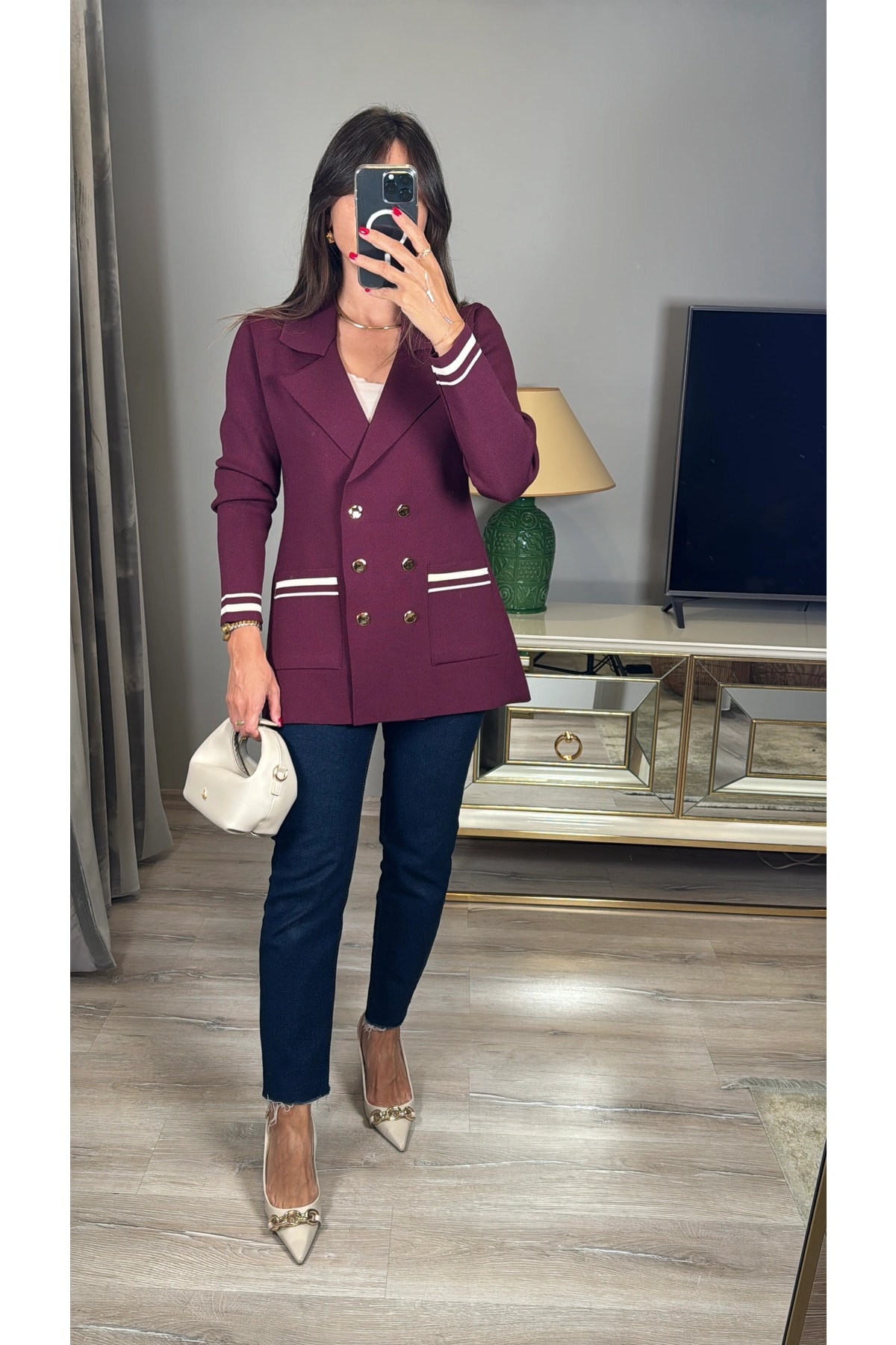 Çelik Örme Kruvaze Blazer Hırka - mürdüm