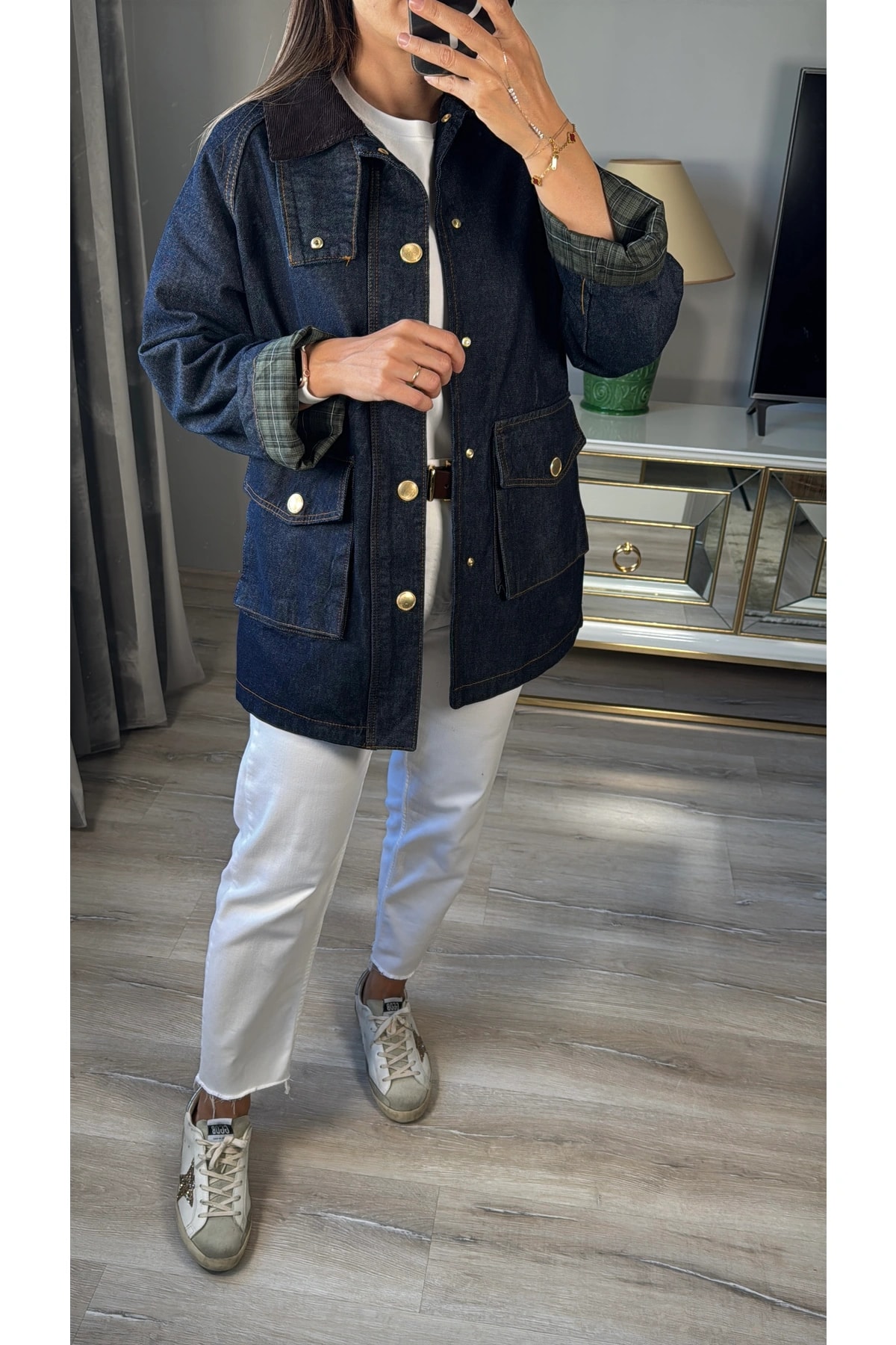 Gold Düğmeli Kadife Yakalı Kot Ceket