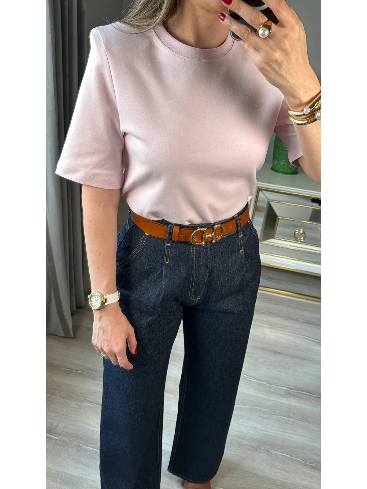 Vatkalı Basic Tişört - Açık Pembe