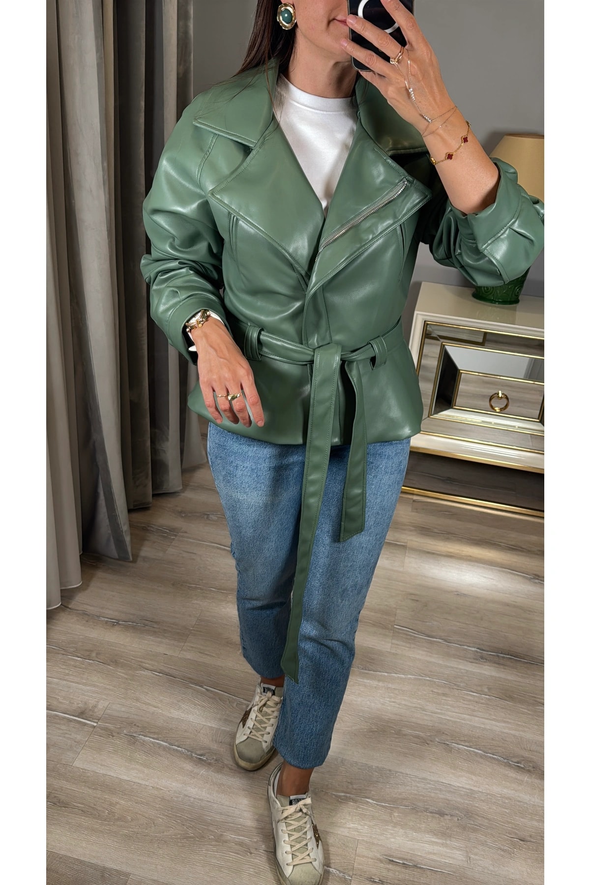 Kuşaklı Premium Suni Deri Ceket