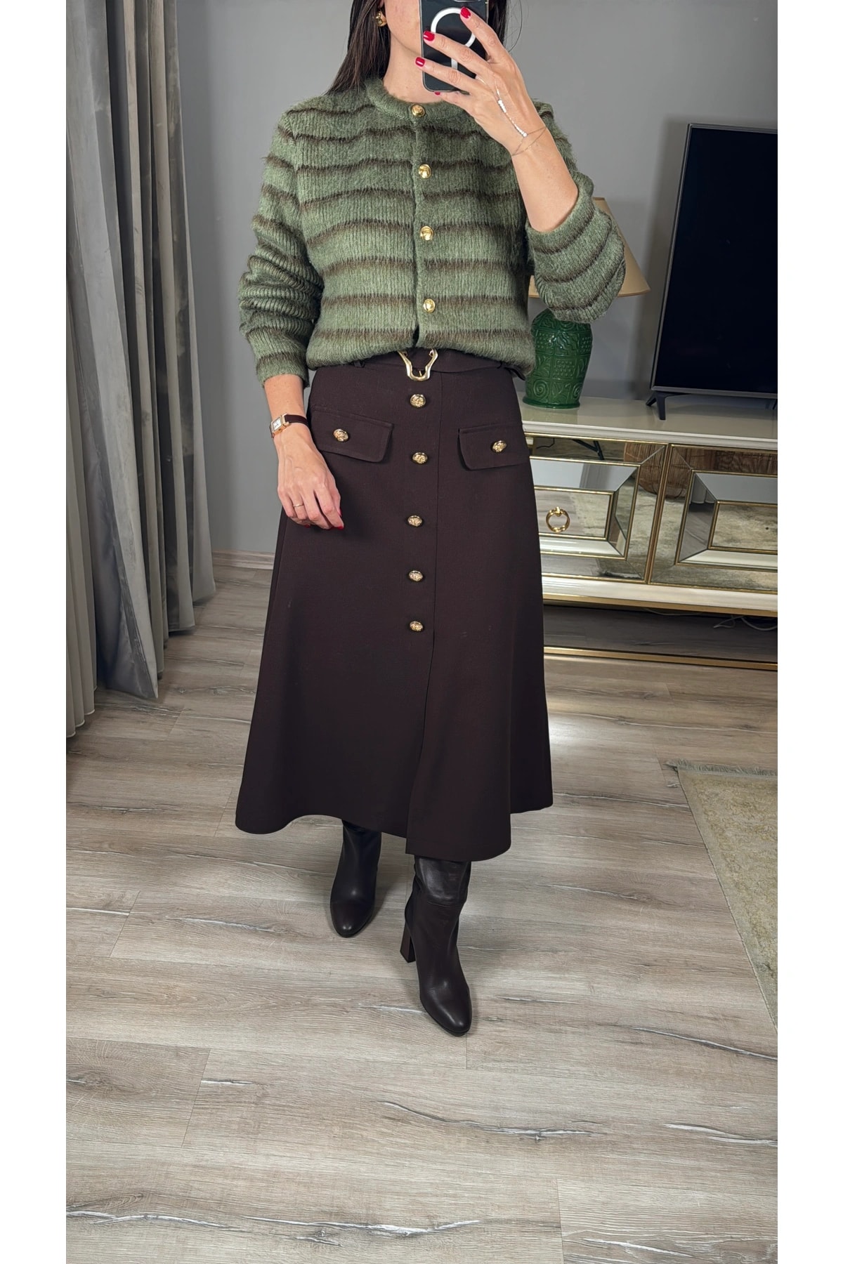 Çizgi Detaylı Şardonlu Hırka