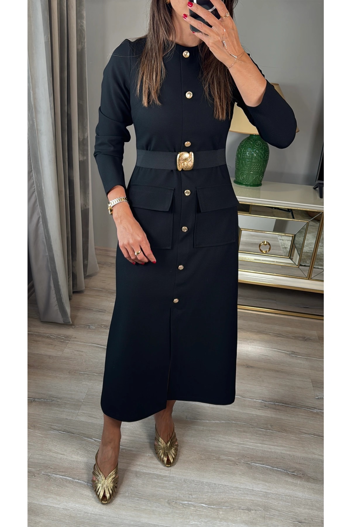 Gold Toka Kemerli Uzun Kollu Elbise