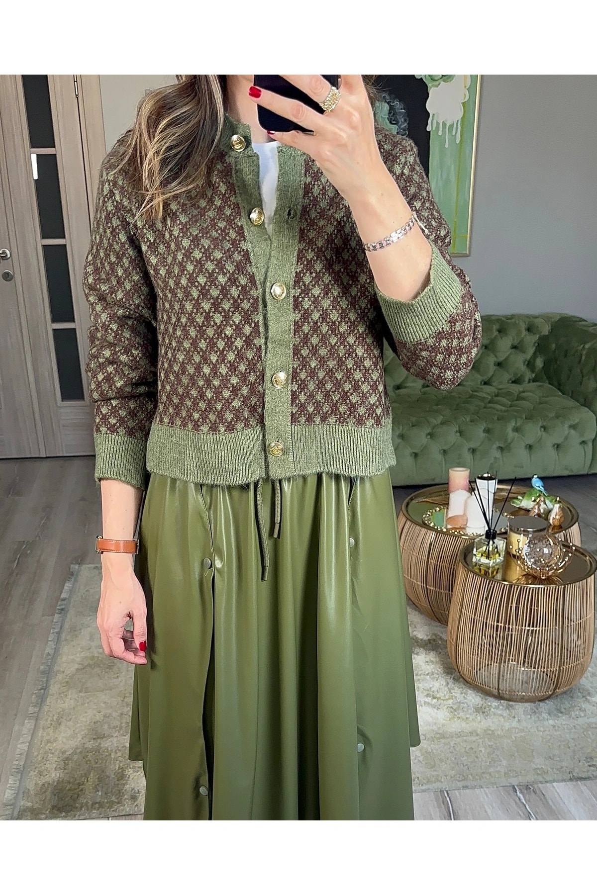 Yeşil Kahve Gold Düğmeli Hırka