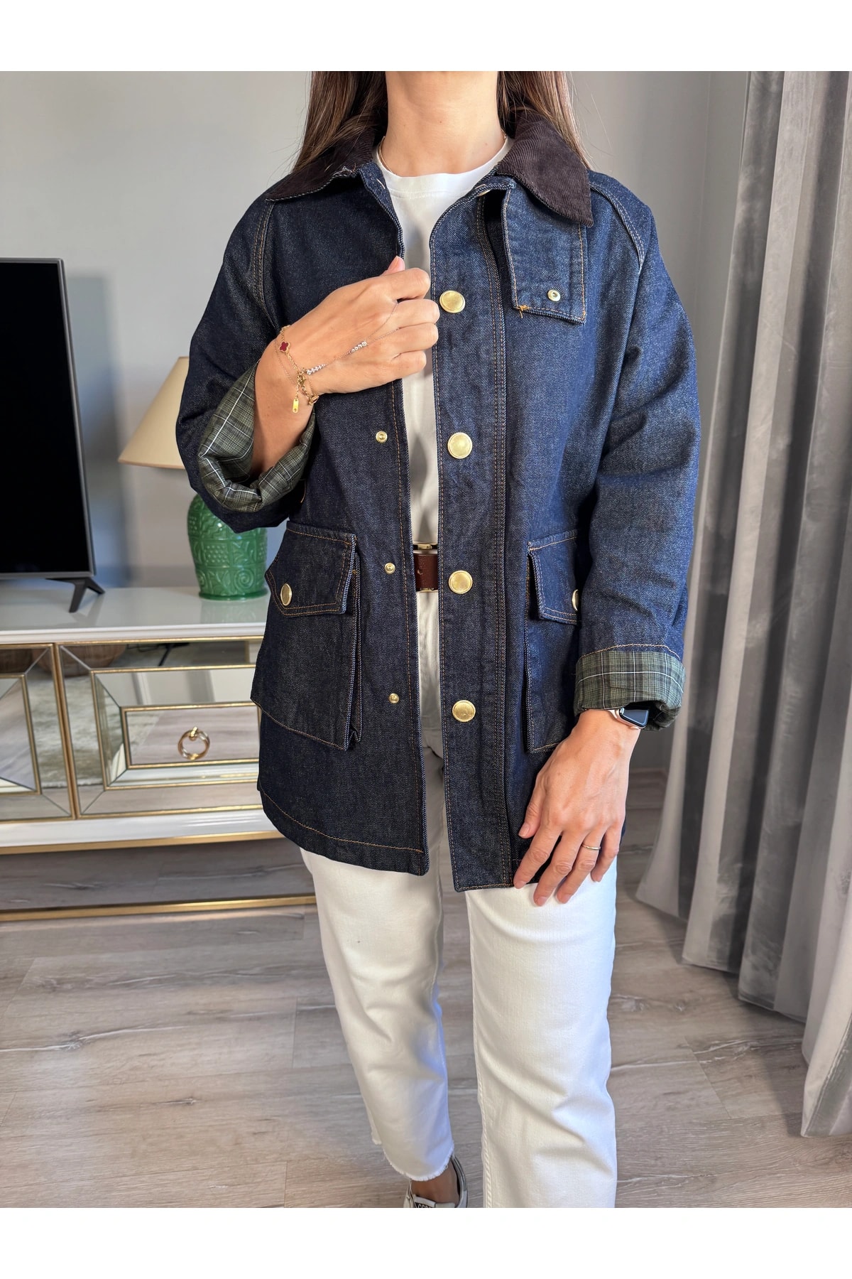 Gold Düğmeli Kadife Yakalı Kot Ceket