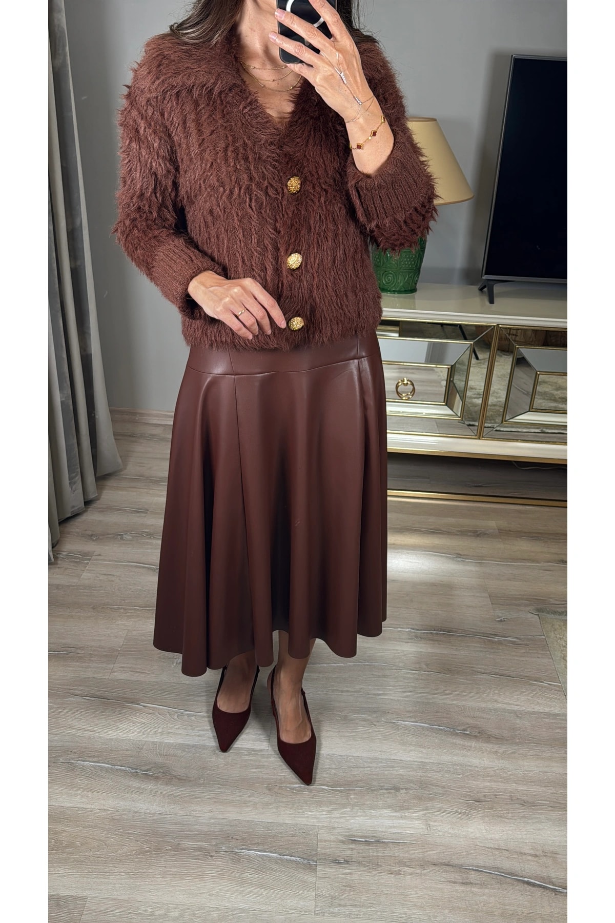 Parçalı Suni Deri Midi Etek