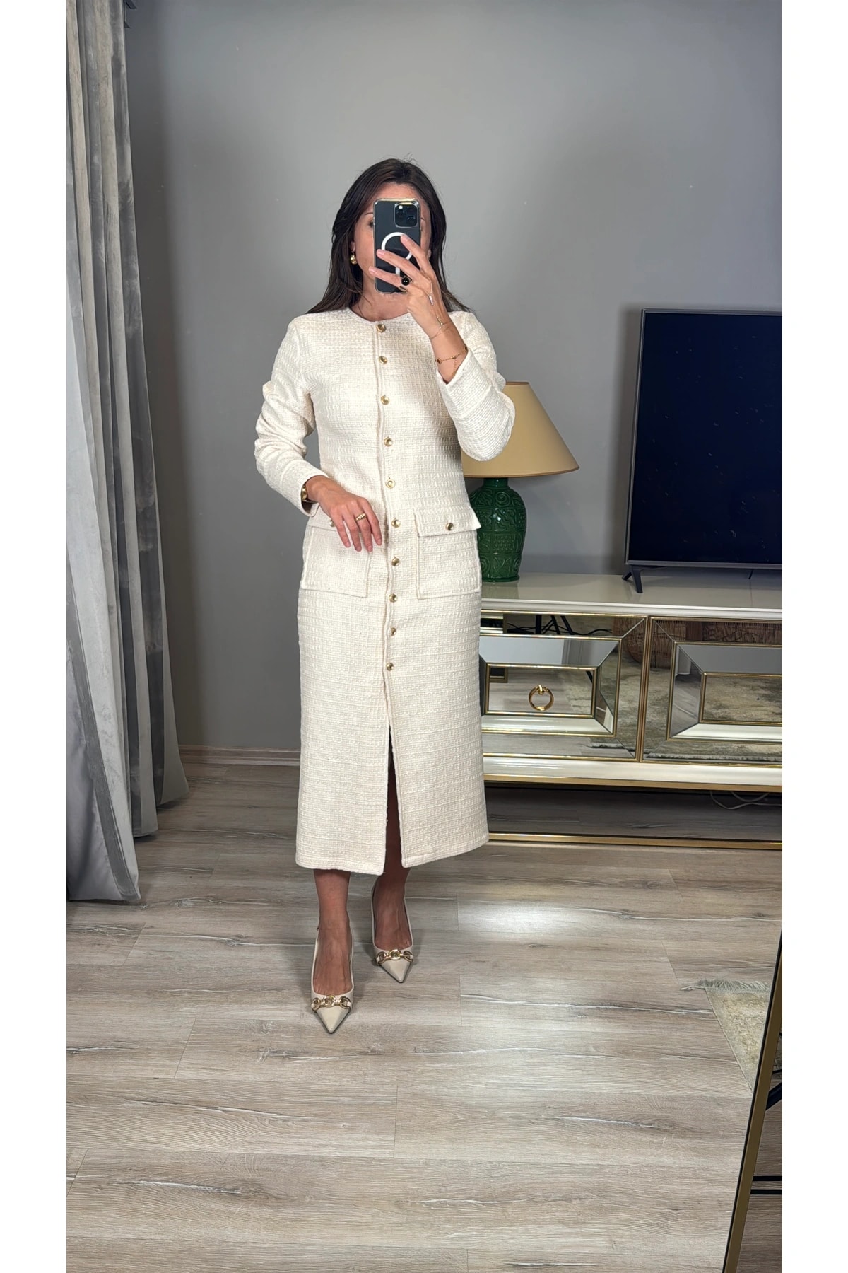 Metal Gold Düğmeli Tüvit Elbise - krem