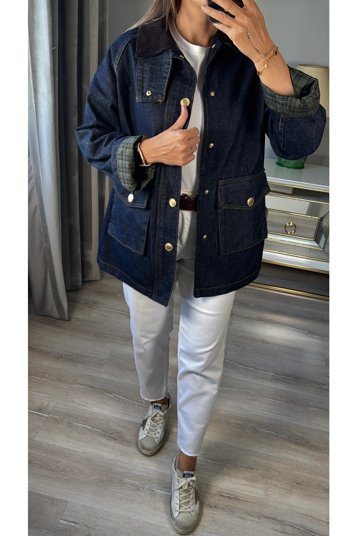 Gold Düğmeli Kadife Yakalı Kot Ceket