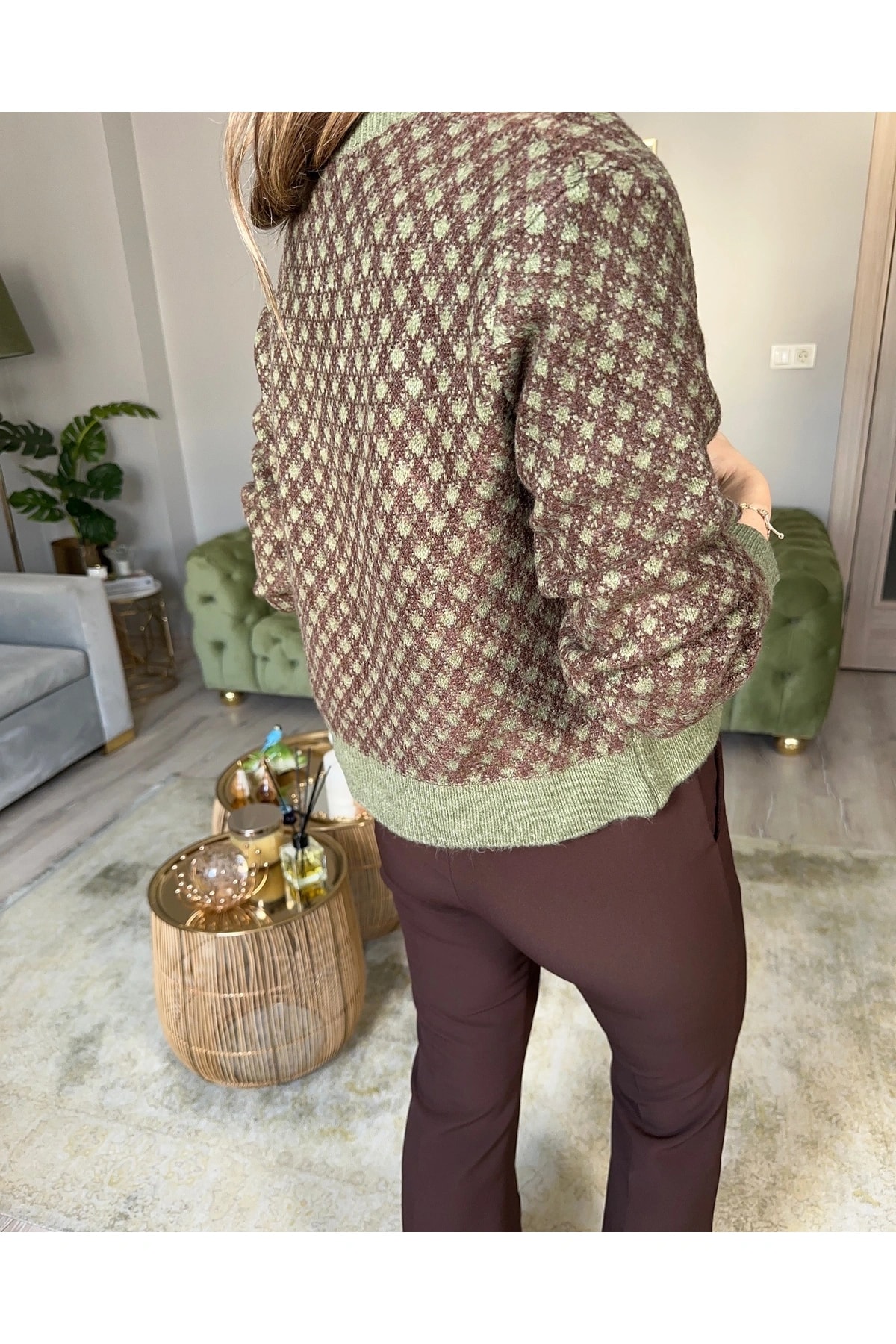 Yeşil Kahve Gold Düğmeli Hırka