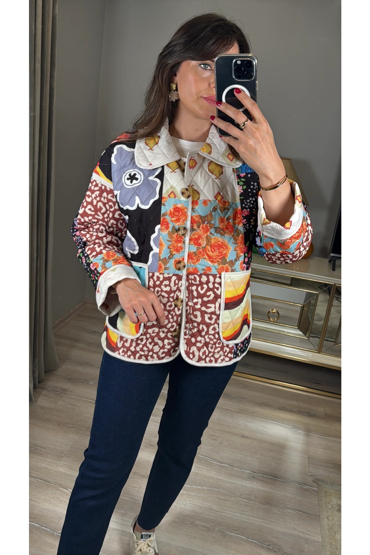 Patchwork Desenli Kapitone Ceket