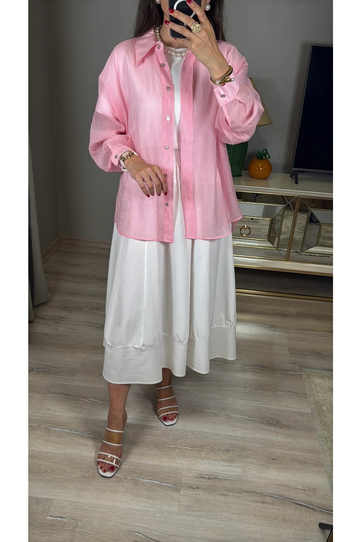 Oversize İpeksi Gömlek - Pembe