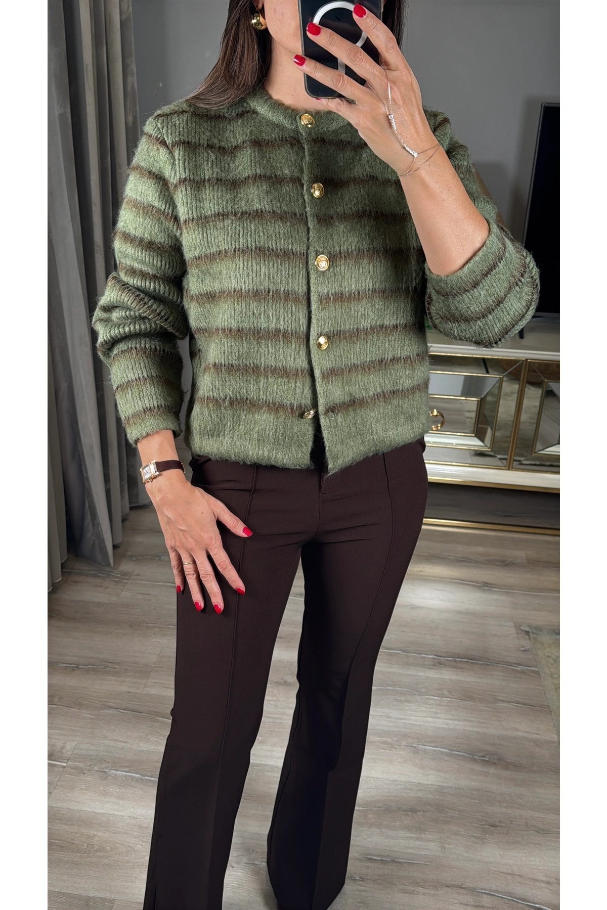 Çizgi Detaylı Şardonlu Hırka