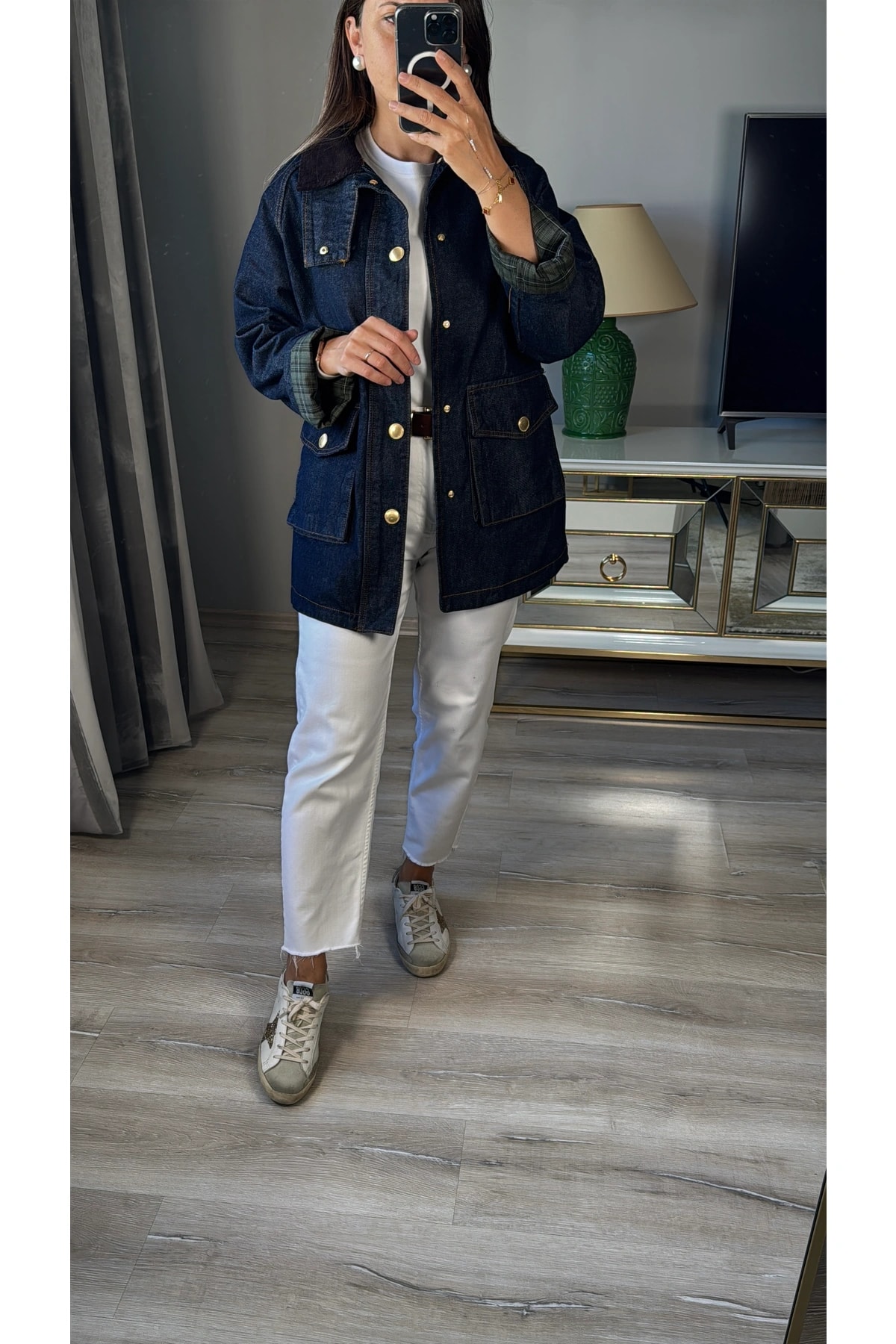 Gold Düğmeli Kadife Yakalı Kot Ceket