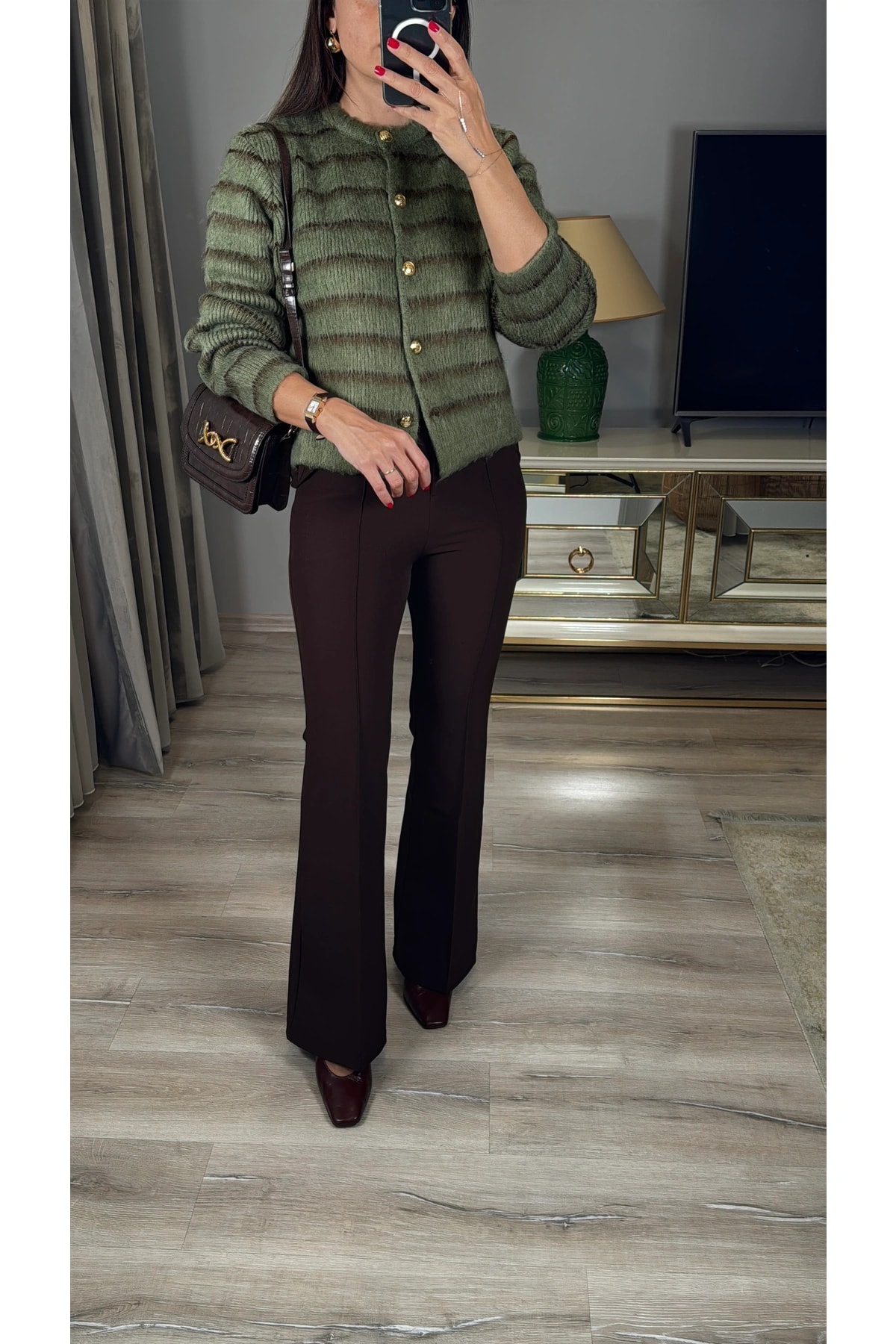 Çizgi Detaylı Şardonlu Hırka