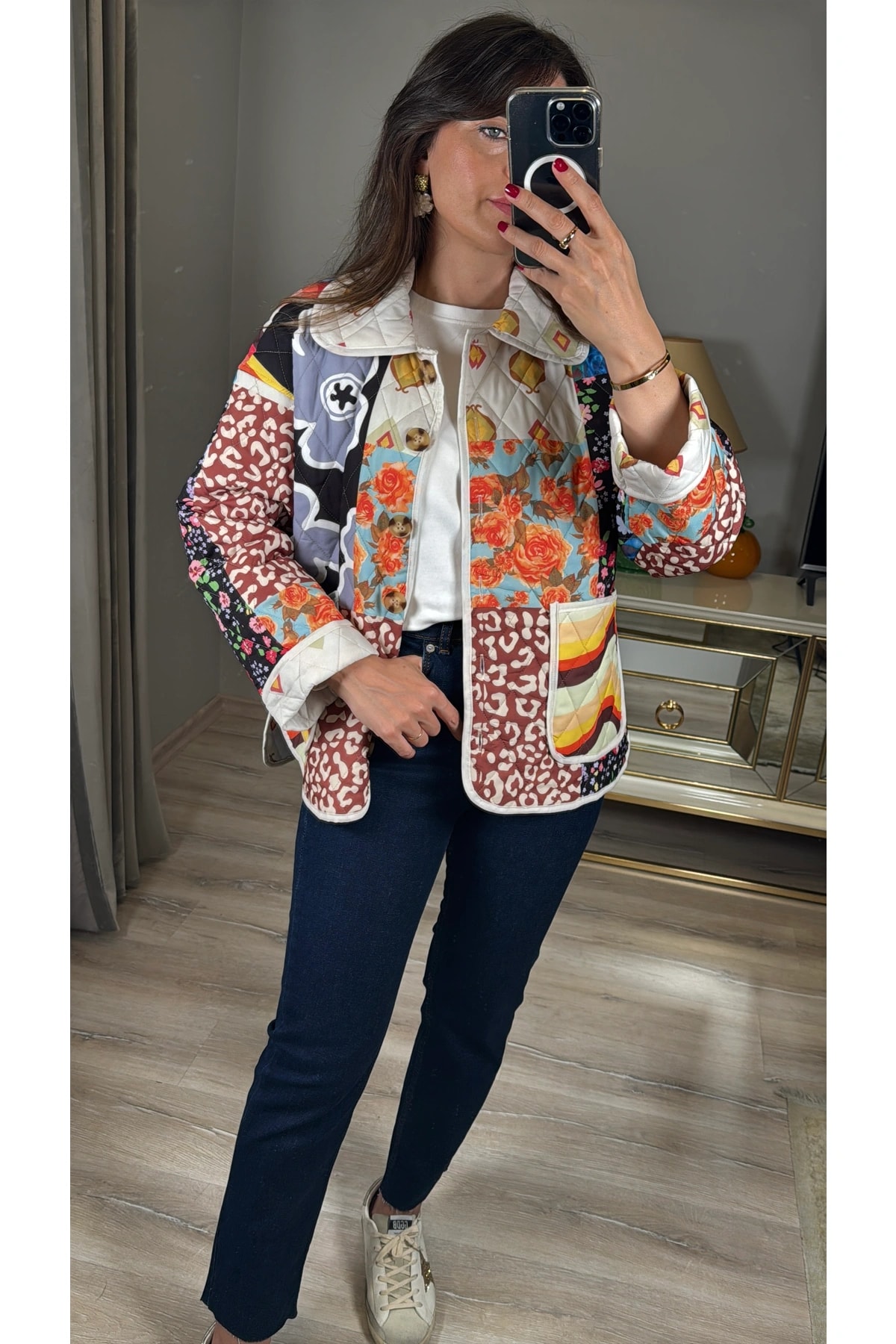 Patchwork Desenli Kapitone Ceket