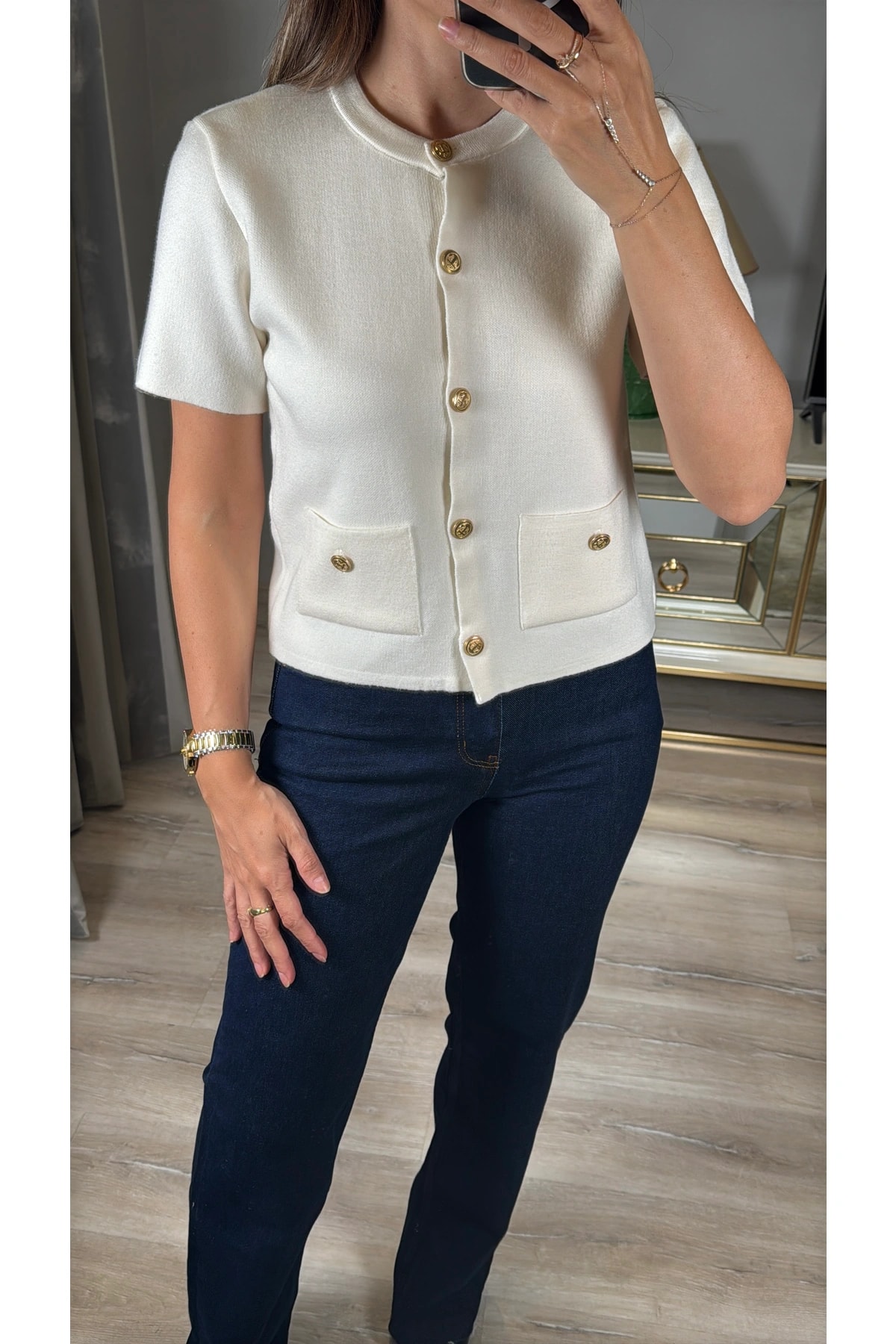 Gold Düğmeli Kısa Kollu Triko Hırka