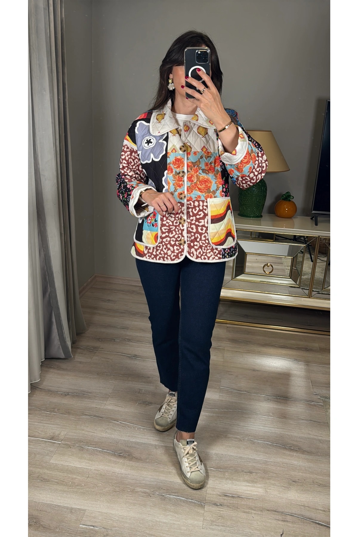Patchwork Desenli Kapitone Ceket
