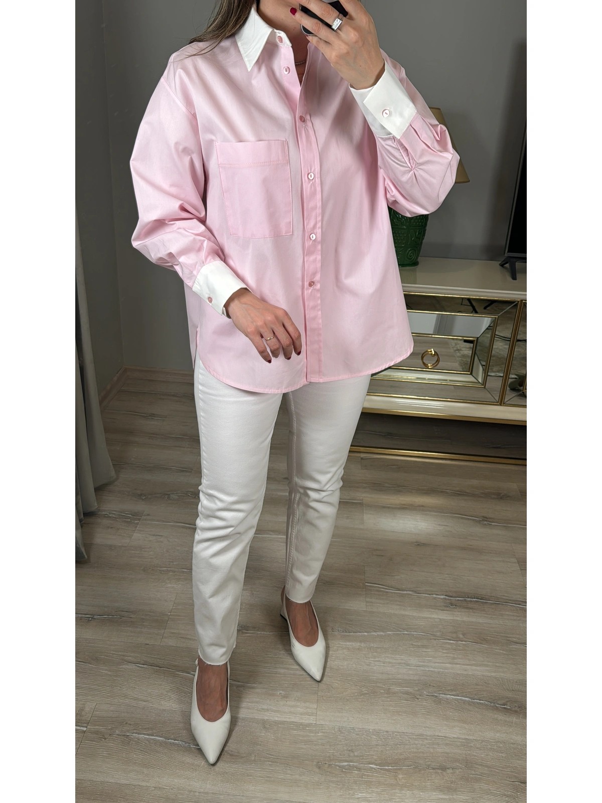Beyaz Yaka Ve Manşetli Poplin Gömlek - Pembe