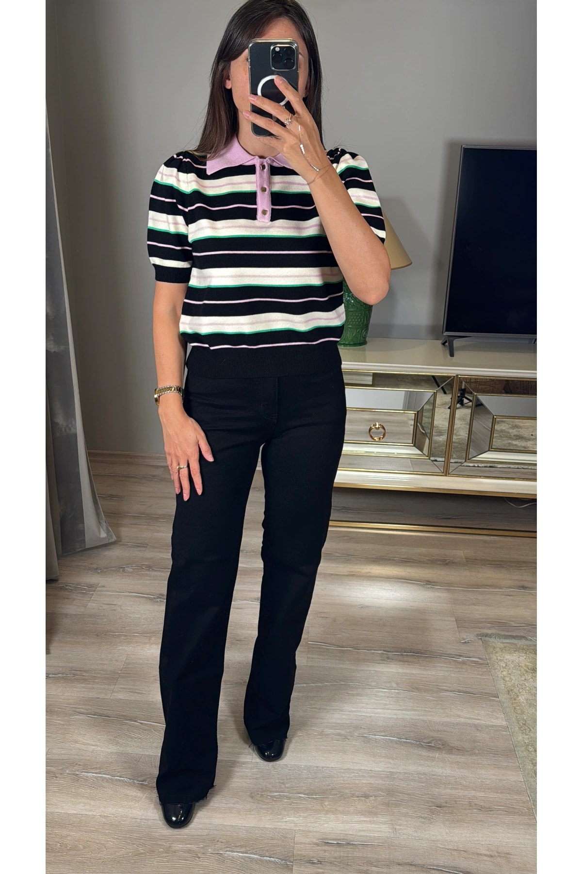 Polo Yaka Gold Düğmeli Çizgili Kazak - Siyah