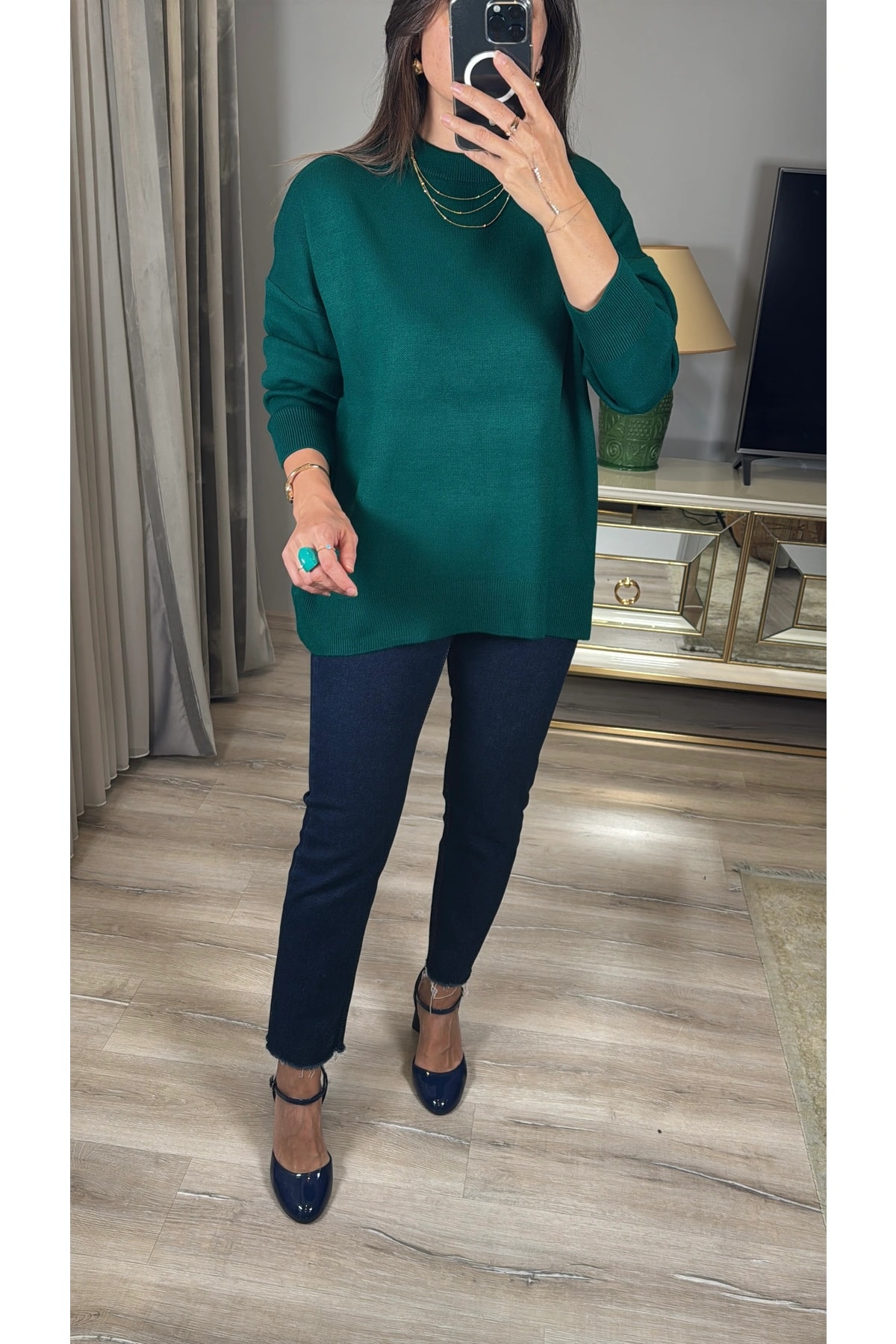 Oversize Bisiklet Yaka Kazak - petrol