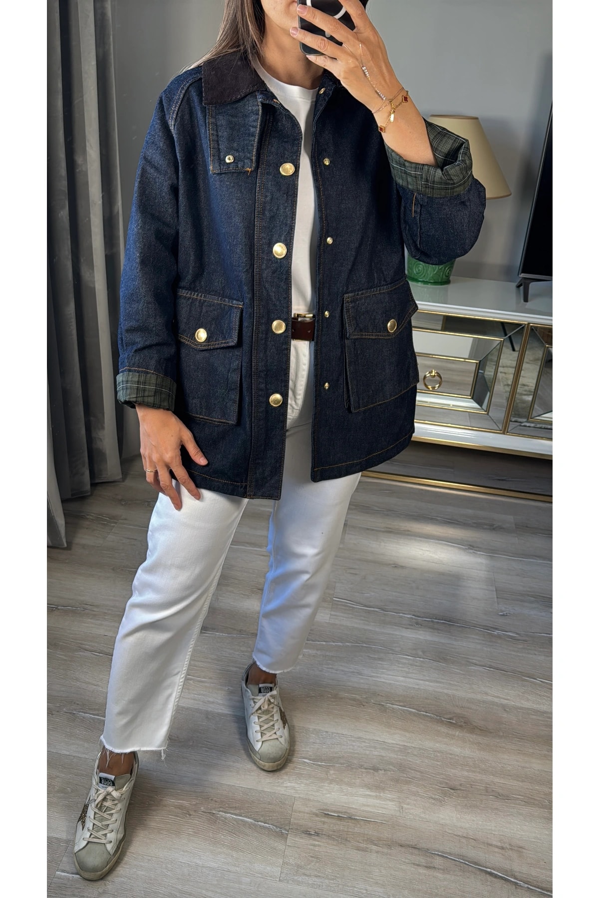 Gold Düğmeli Kadife Yakalı Kot Ceket