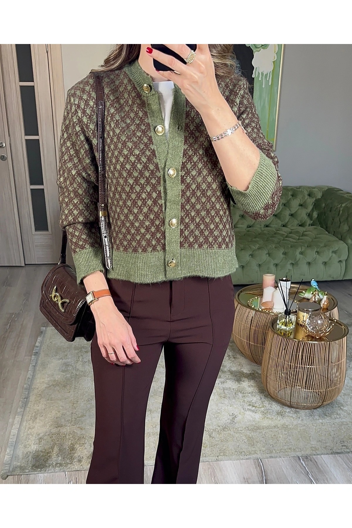 Yeşil Kahve Gold Düğmeli Hırka