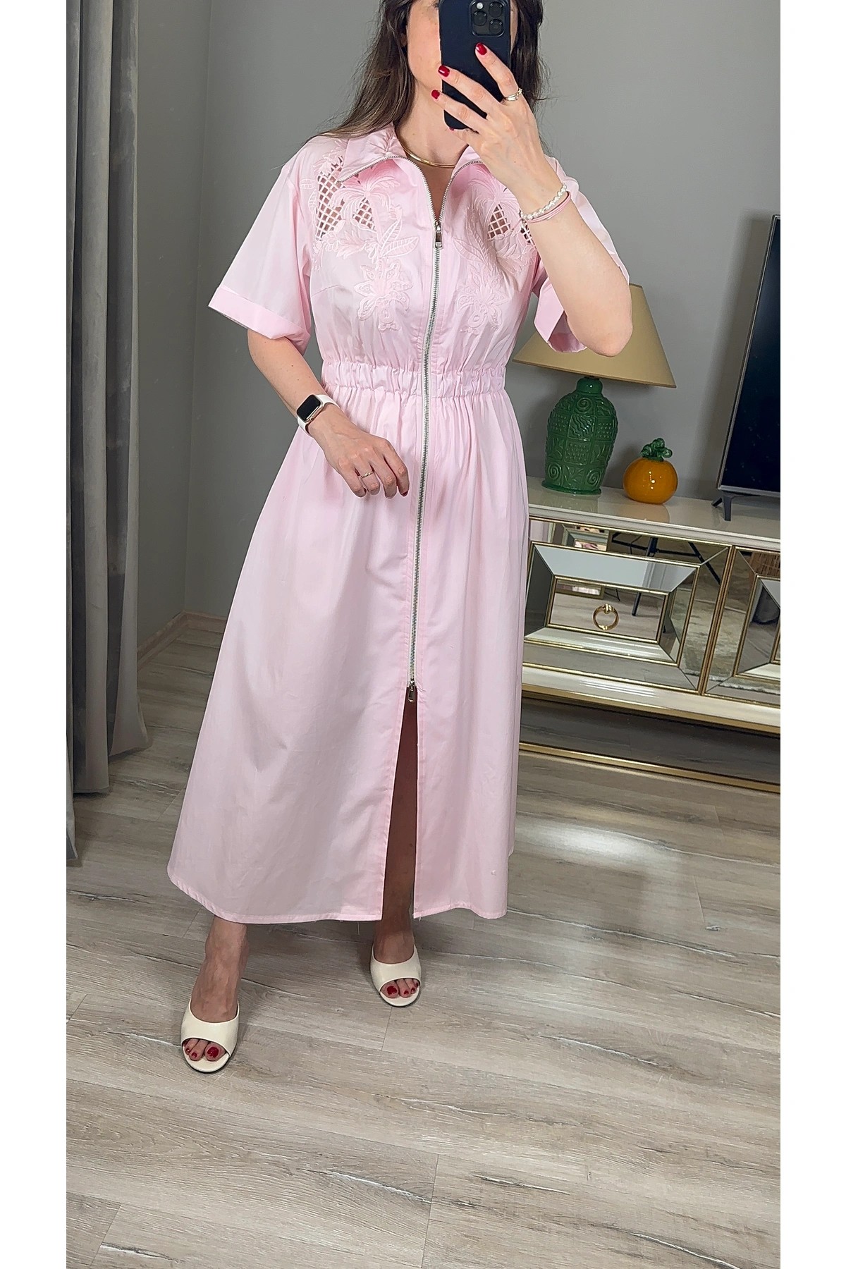 Nakışlı Fermuar Detaylı Elbise - Pembe