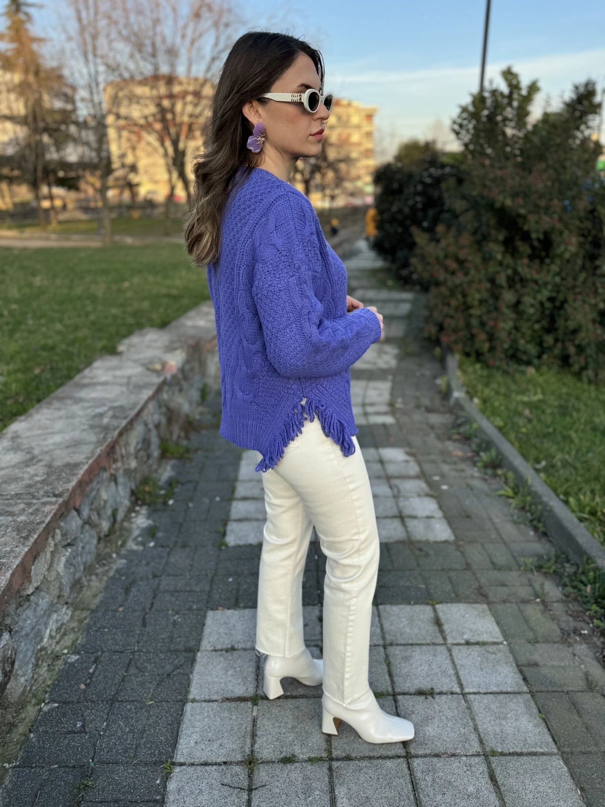 Örgü Detaylı Püsküllü Mor Kazak