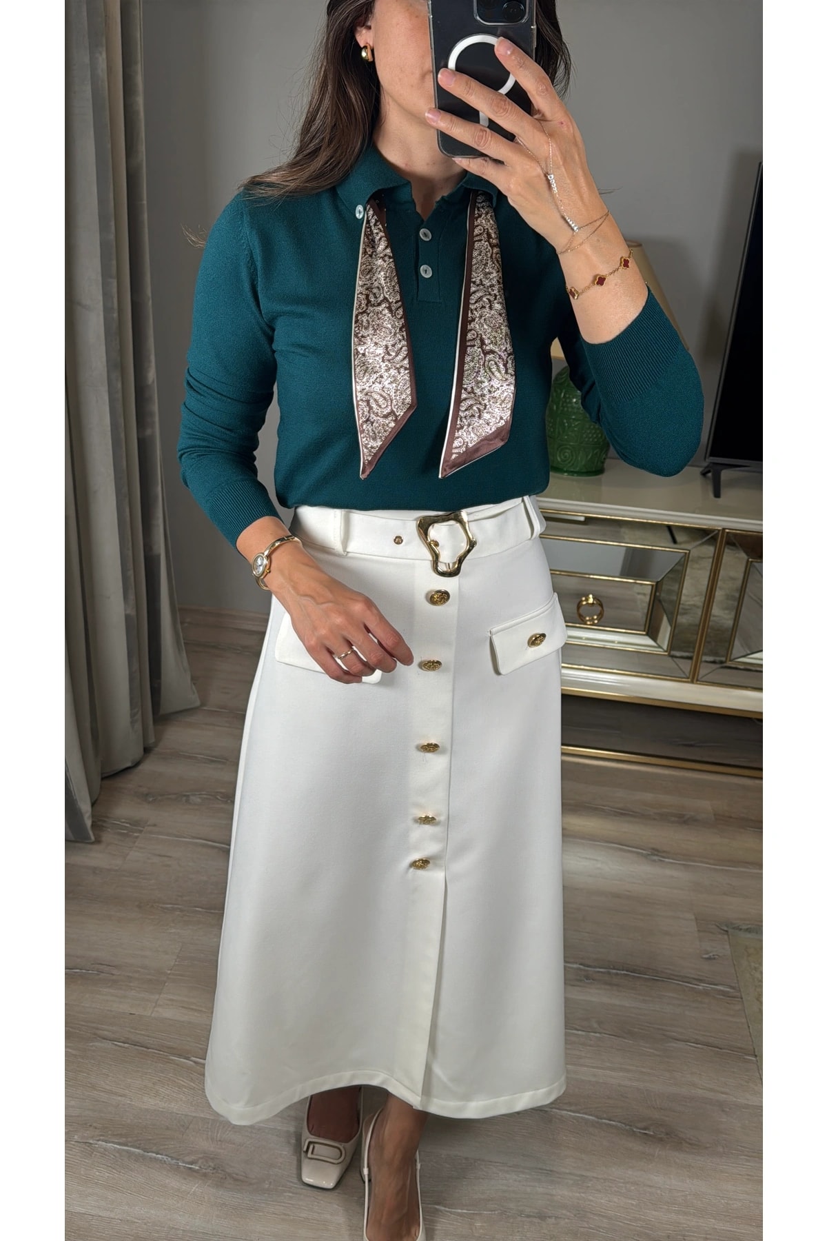 Korsman Fularlı Triko Kazak - petrol