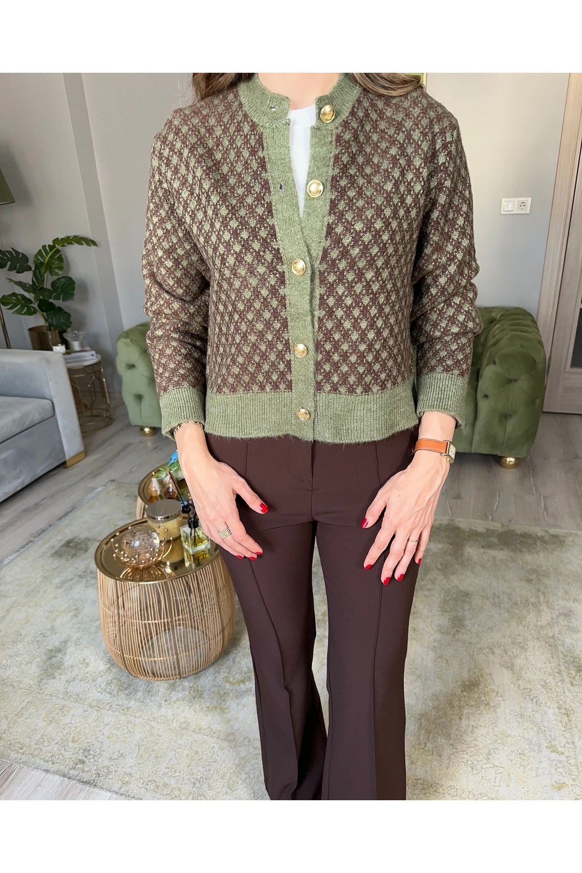 Yeşil Kahve Gold Düğmeli Hırka