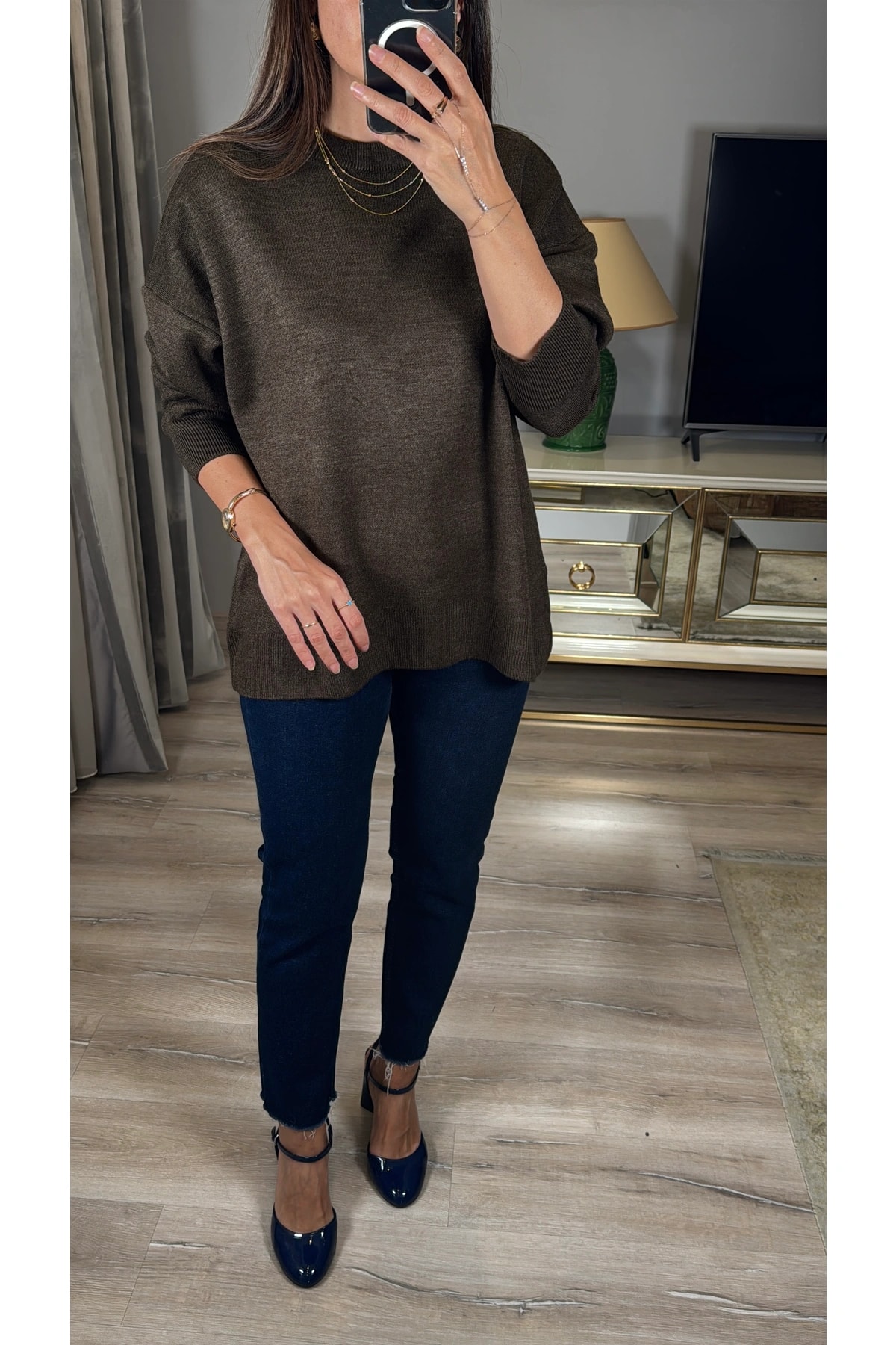 Oversize Bisiklet Yaka Kazak - kahverengi