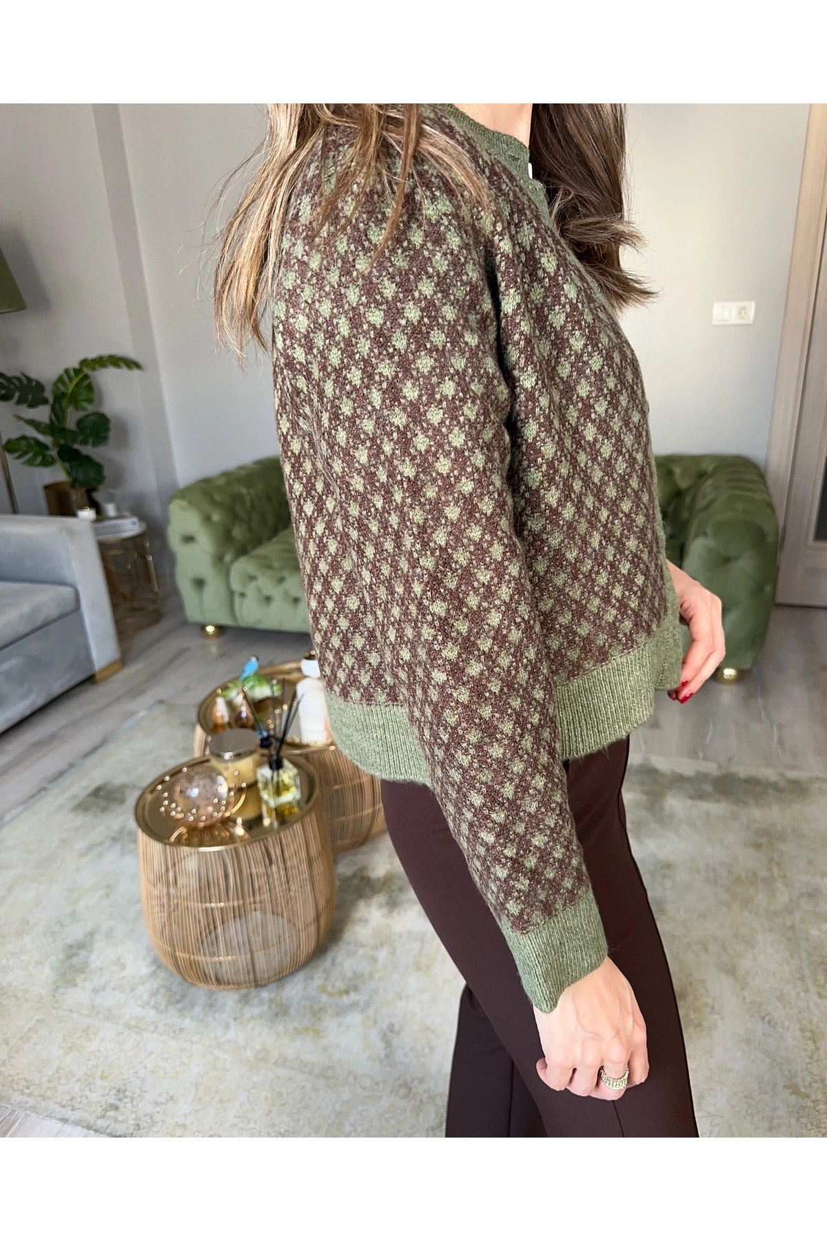 Yeşil Kahve Gold Düğmeli Hırka