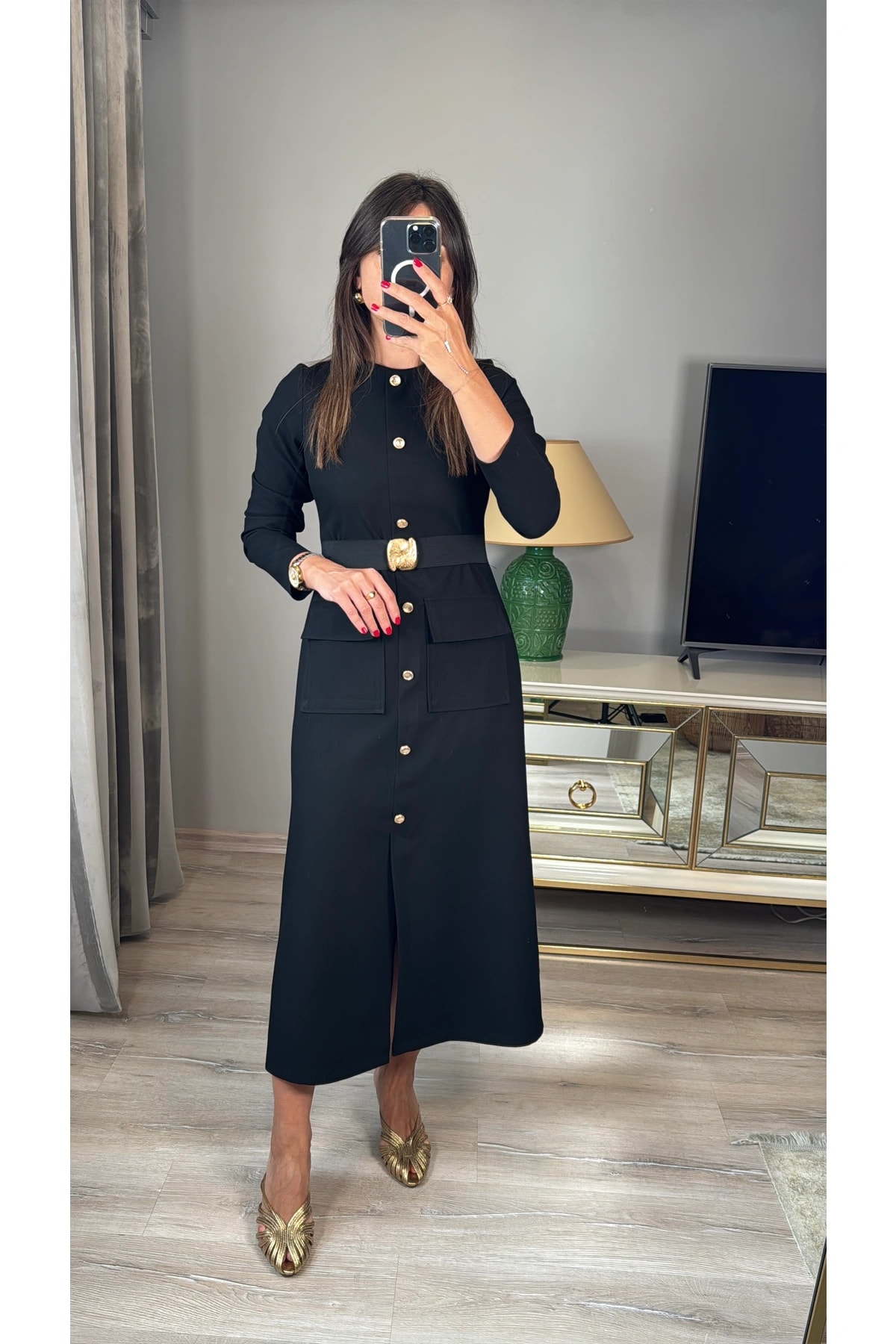 Gold Toka Kemerli Uzun Kollu Elbise