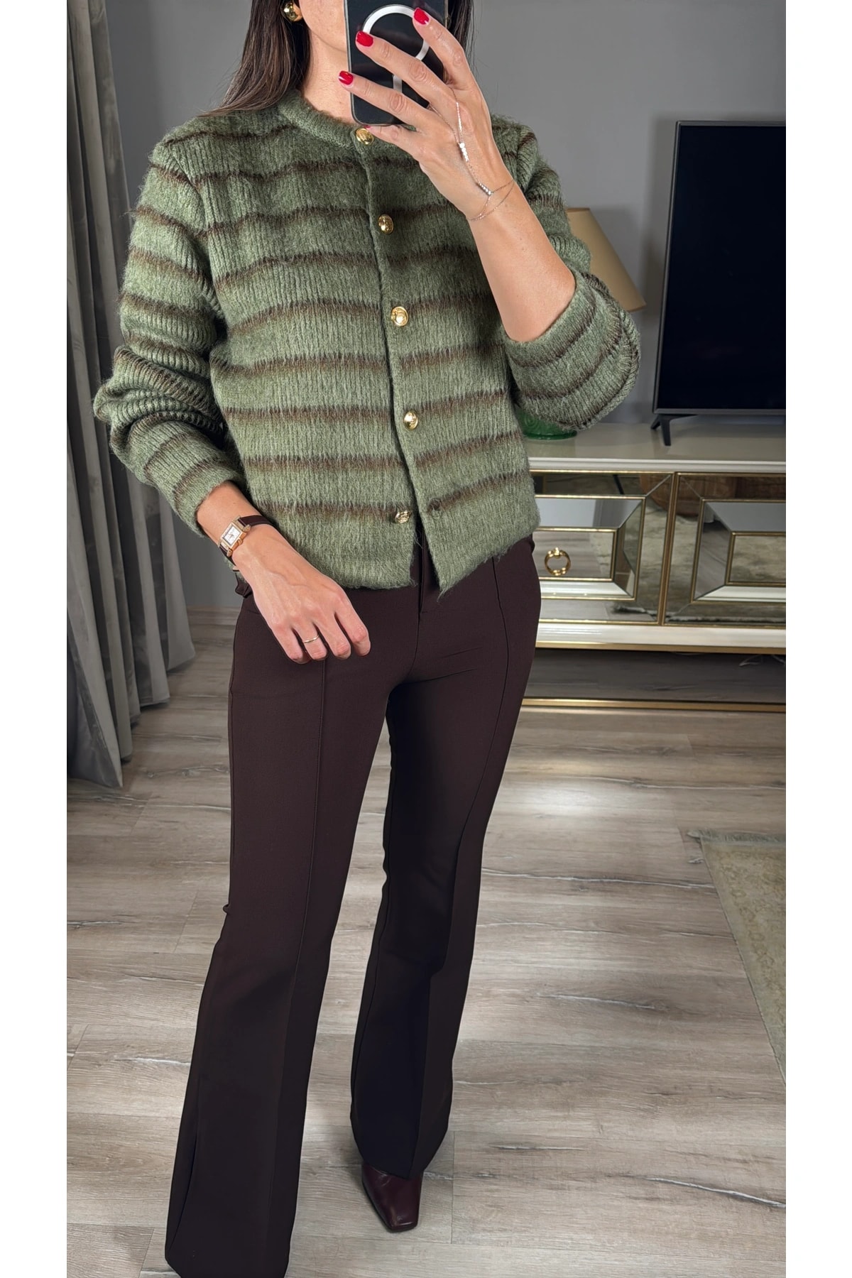 Çizgi Detaylı Şardonlu Hırka