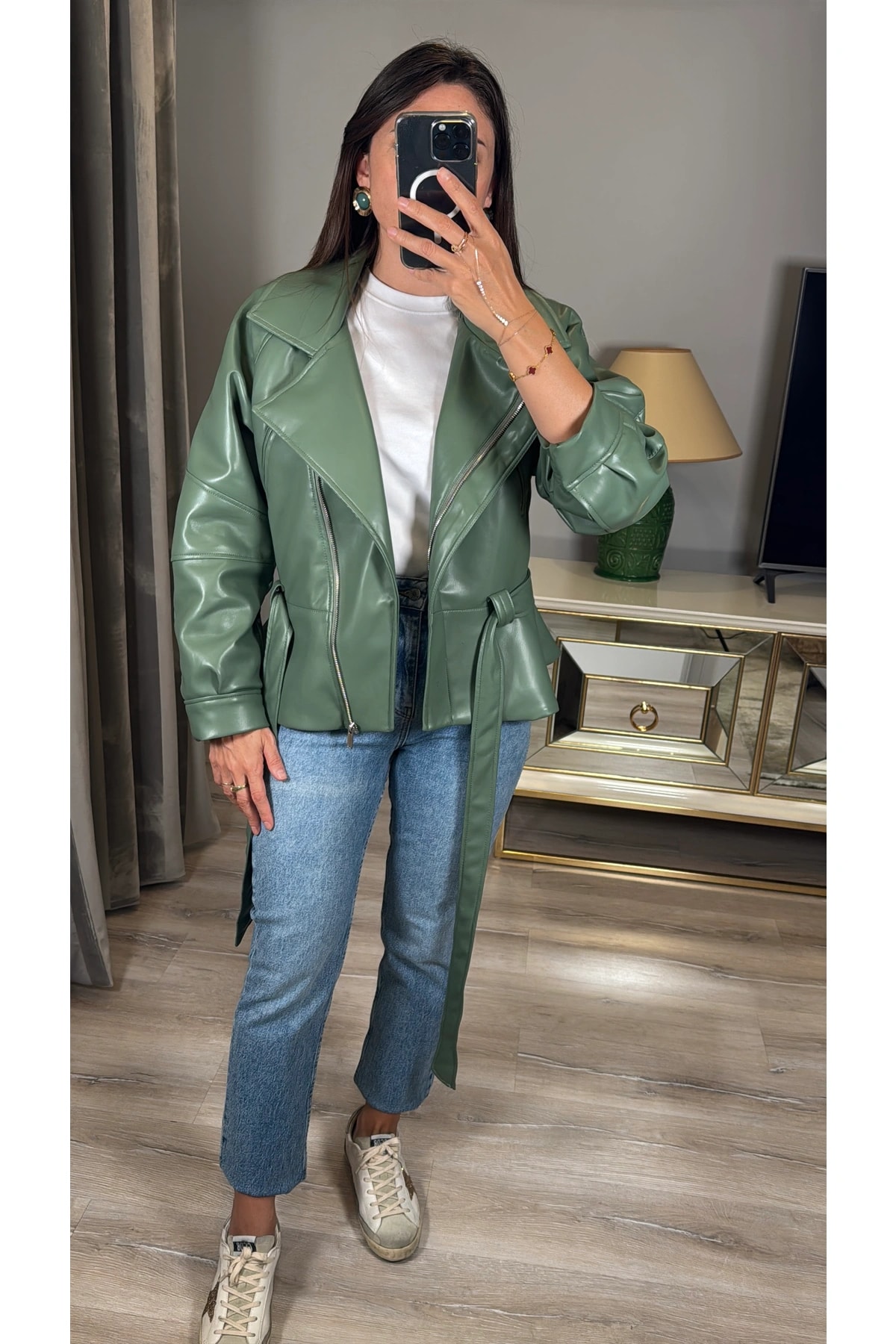 Kuşaklı Premium Suni Deri Ceket